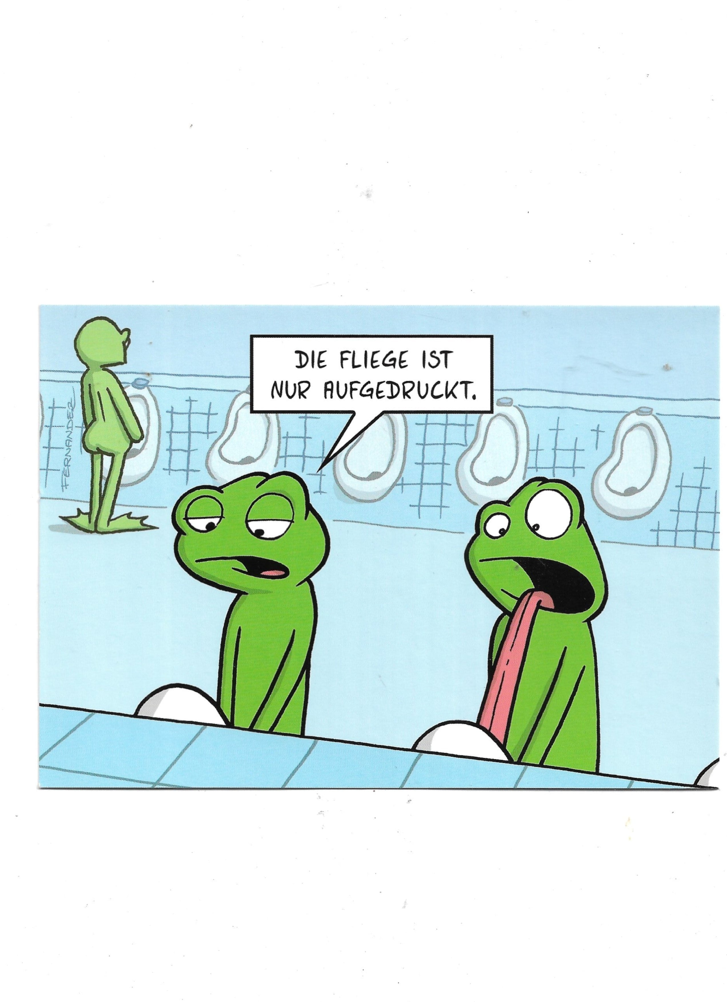 „Postkarte A6 mit humorvollem Motiv: aufgedruckte Fliege auf hellem Hintergrund, wirkt wie eine echte Fliege; stabile, farbige Druckqualität“ Spruch: Die Fliege ist nur aufgedruckt.