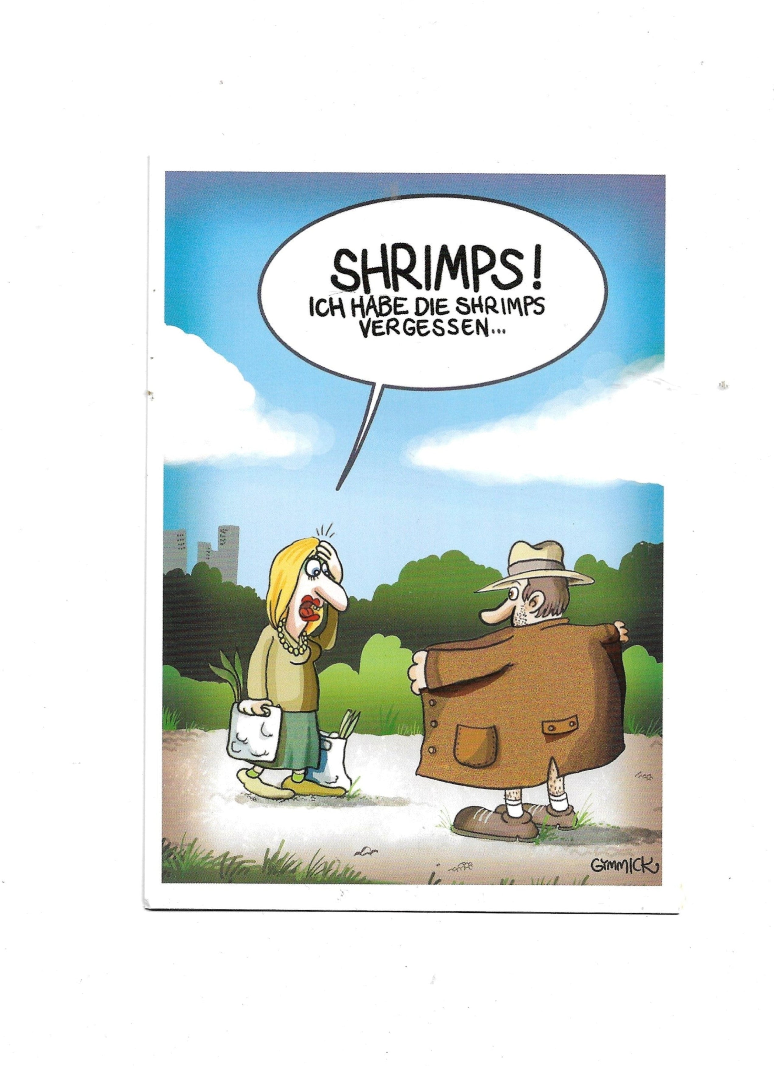 „Postkarte A6 mit humorvollem Motiv und dem Spruch ‚Ich habe die Shrimps vergessen…‘; farbiger Druck auf stabilem Karton“