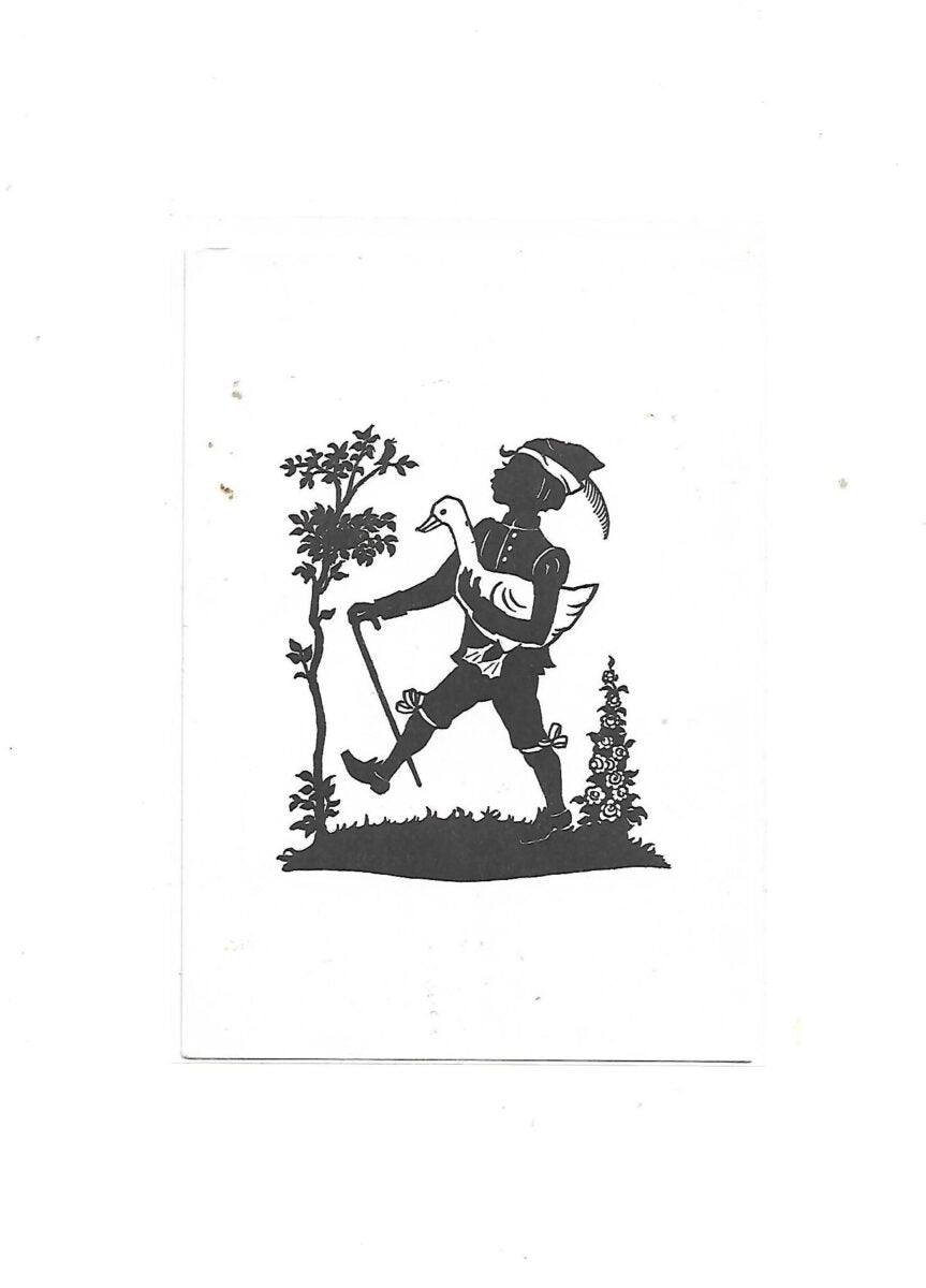 „Postkarte A6 ‚Hans im Glück‘ im Scherenschnitt‑Motiv; dünner Karton, guter Zustand, 10,5 × 14,8 cm, Hersteller unbekannt“ 