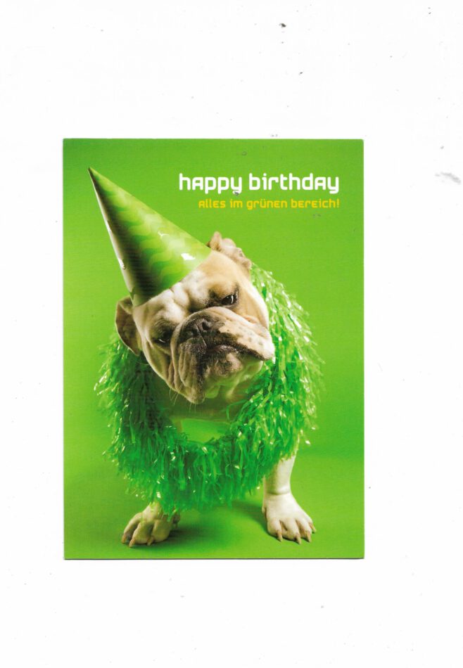 „Postkarte A6 ‚Happy Birthday – alles im grünen Bereich‘; stabiles Papier, satte Farben, gute Druckqualität, 10,5 × 14,8 cm, 8 g, EAN 4280000221520