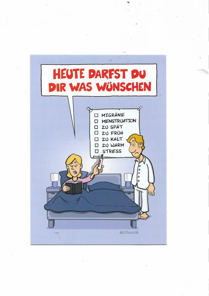 „Postkarte A6 ‚Was wünschen?‘; stabiles Papier, satte Farben, gute Druckqualität, Format 10,5 × 14,8 cm, humorvolles Motiv.“ 