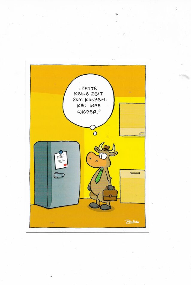 „Postkarte A6 ‚Käu was wieder‘; stabiles Papier, satte Farben, gute Druckqualität, Format 10,5 × 14,8 cm, 8 g, EAN 4033684017541“