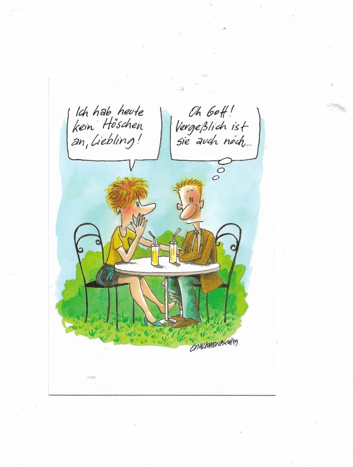 „Postkarte A6 ‚Kein Höschen an‘; stabiles Papier, satte Farben, gute Druckqualität, Format 10,5 × 14,8 cm, 8 g, EAN 4033684004640“