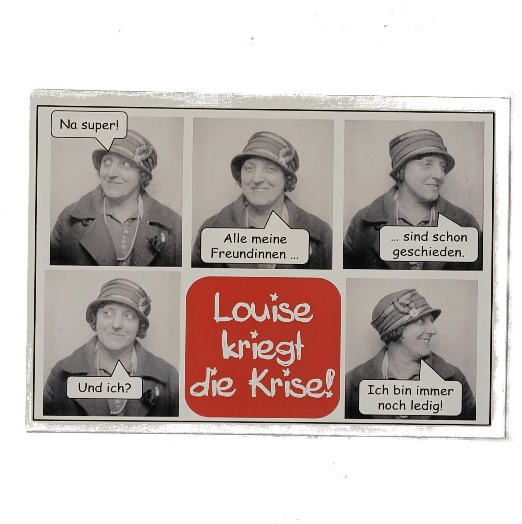 „Postkarte A6 ‚Louise kriegt die Krise‘; stabiles Papier, satte Farben, gute Druckqualität, Format 10,5 × 14,8 cm, 8 g, EAN 4017272024609, Hersteller Anderskartig – Modern Times GmbH“