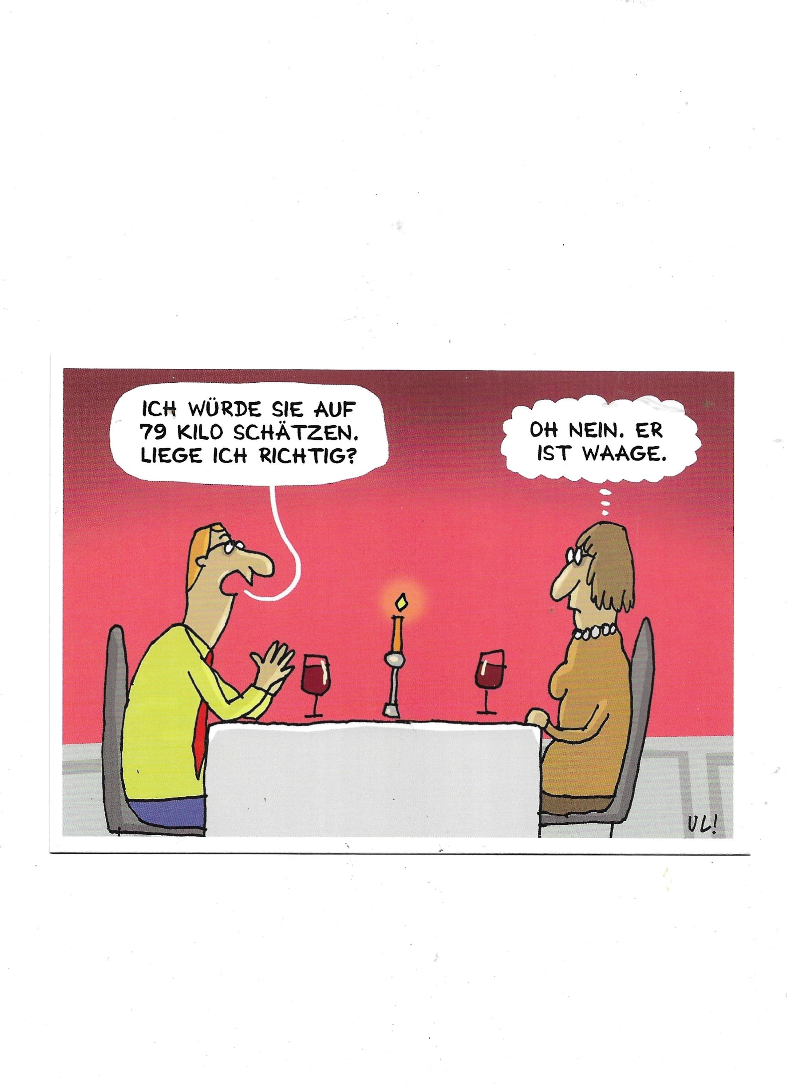 „Postkarte A6 ‚Oh nein – Er ist Waage‘; stabiler Karton, guter Zustand, Format 10,5 × 14,8 cm, EAN 4033684019262