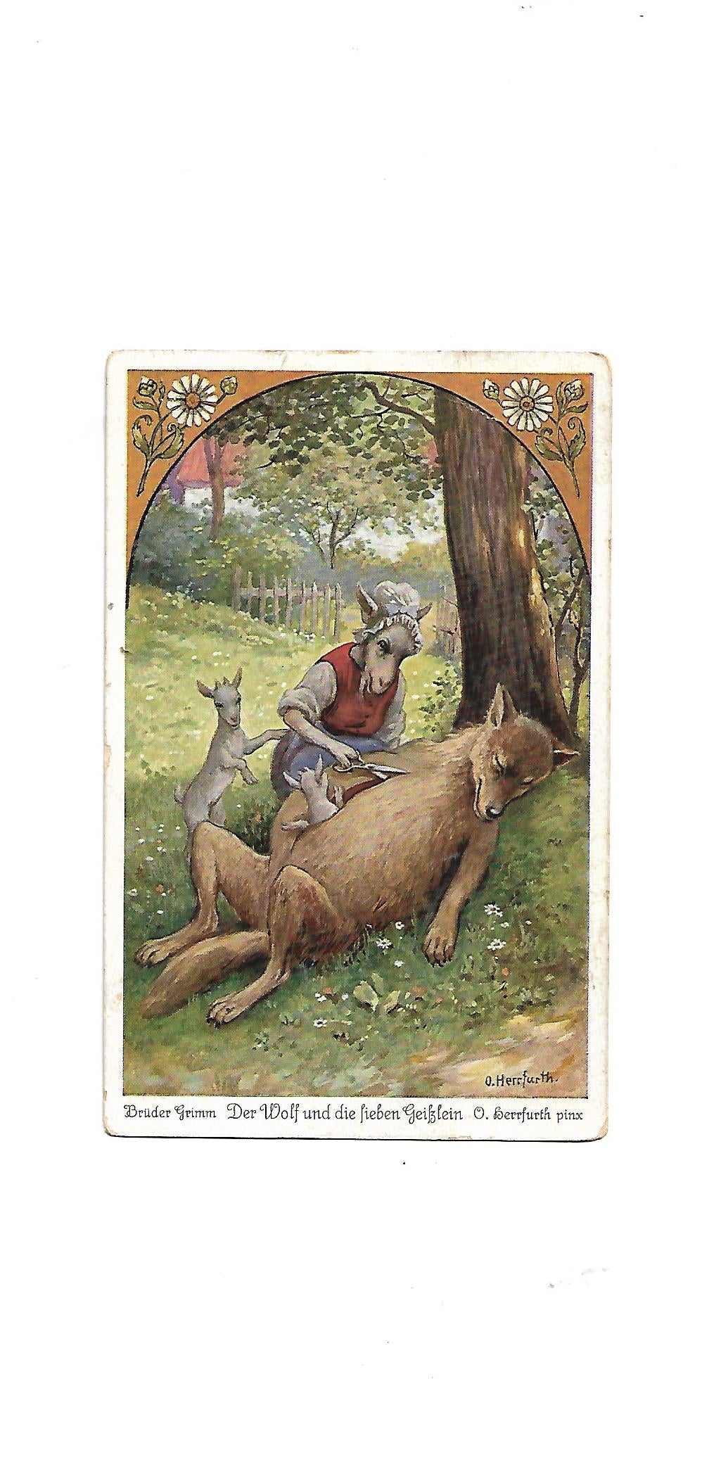 „Postkarte A6 ‚Oskar Herrfurth – Der Wolf und die 7 Geißlein‘; stabiles Papier, satte Farben, gute Druckqualität, Format 10,5 × 14,8 cm, Rückseite leicht fleckig“ 