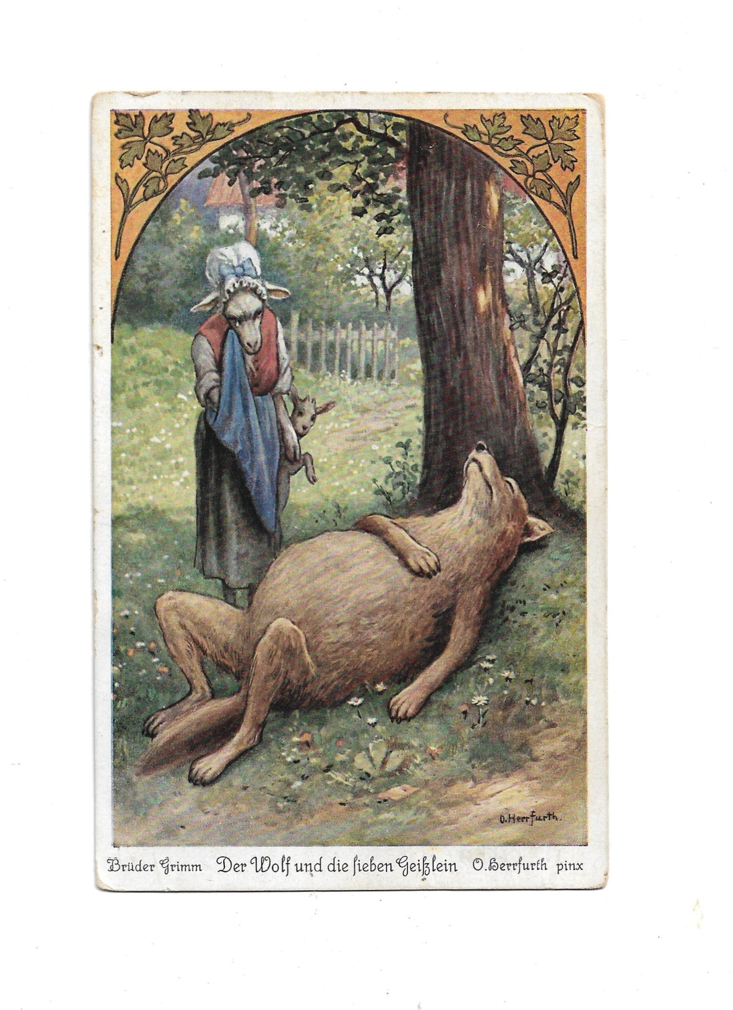 „Postkarte A6 ‚Oskar Herrfurth – Der Wolf und die 7 Geißlein‘; stabiles Papier, satte Farben, gute Druckqualität, Format 10,5 × 14,8 cm, Rückseite leicht fleckig