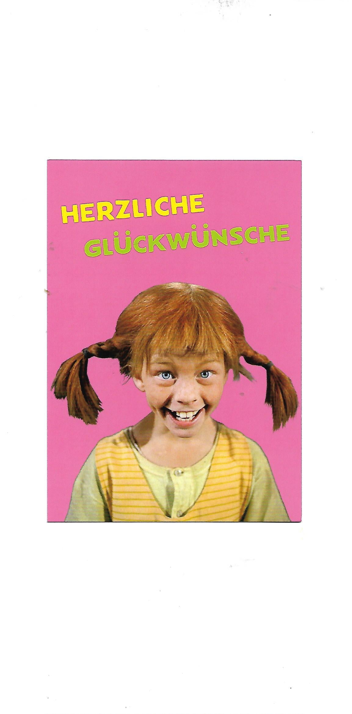 „Postkarte A6 ‚Pippi Langstrumpf – Inger Nilsson – Herzlichen Glückwunsch‘; stabiles Papier, satte Farben, gute Druckqualität, Format 10,5 × 14,8 cm, neu, EAN 4030576501003, Hersteller Anderskartig – Modern Times GmbH“