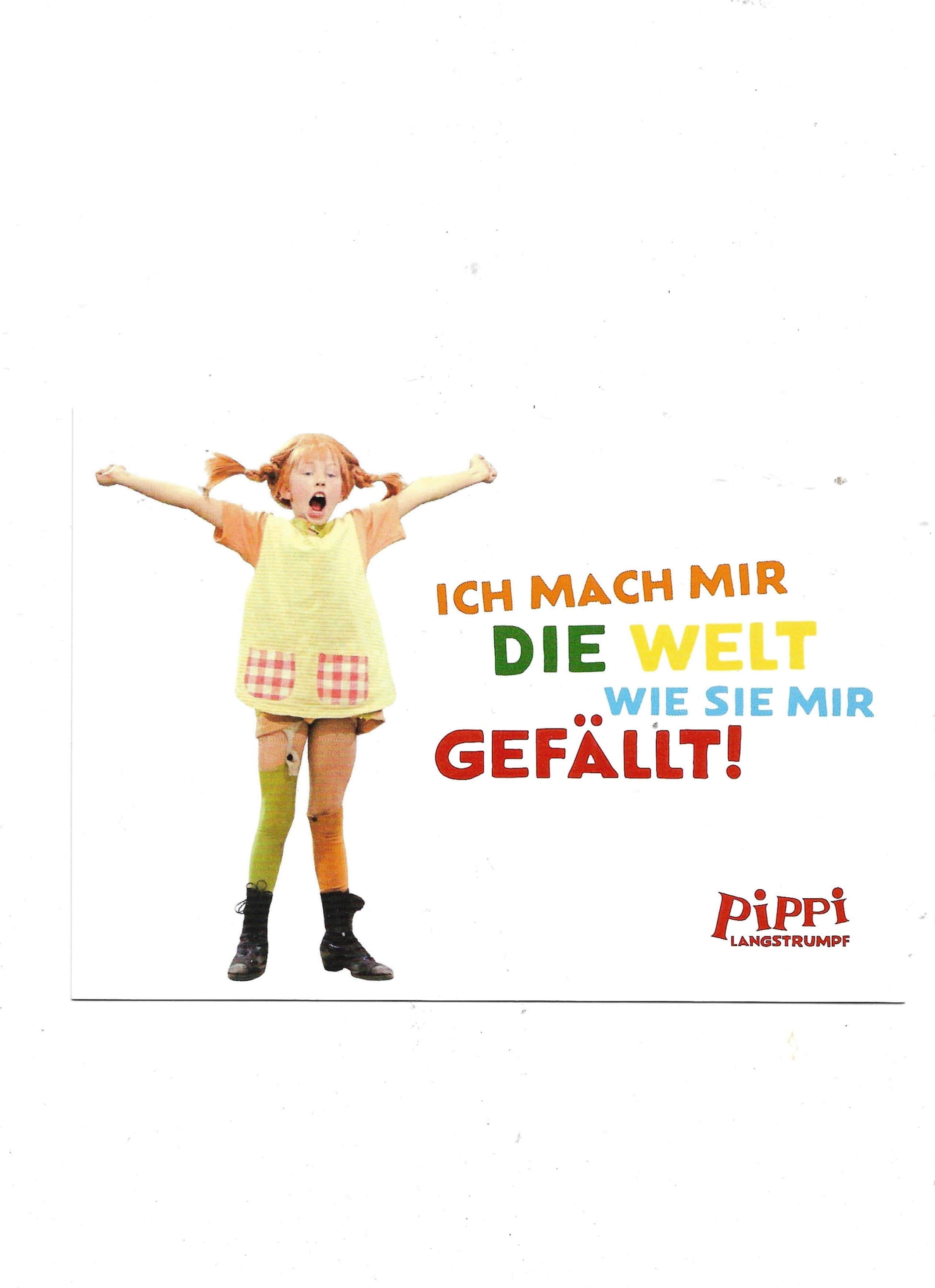 „Postkarte A6 ‚Pippi Langstrumpf – Ich mach mir die Welt wie sie mir gefällt‘; stabiles Papier, satte Farben, gute Druckqualität, Format 10,5 × 14,8 cm, neu, EAN 4030576501232, Hersteller Anderskartig – Modern Times GmbH“ 