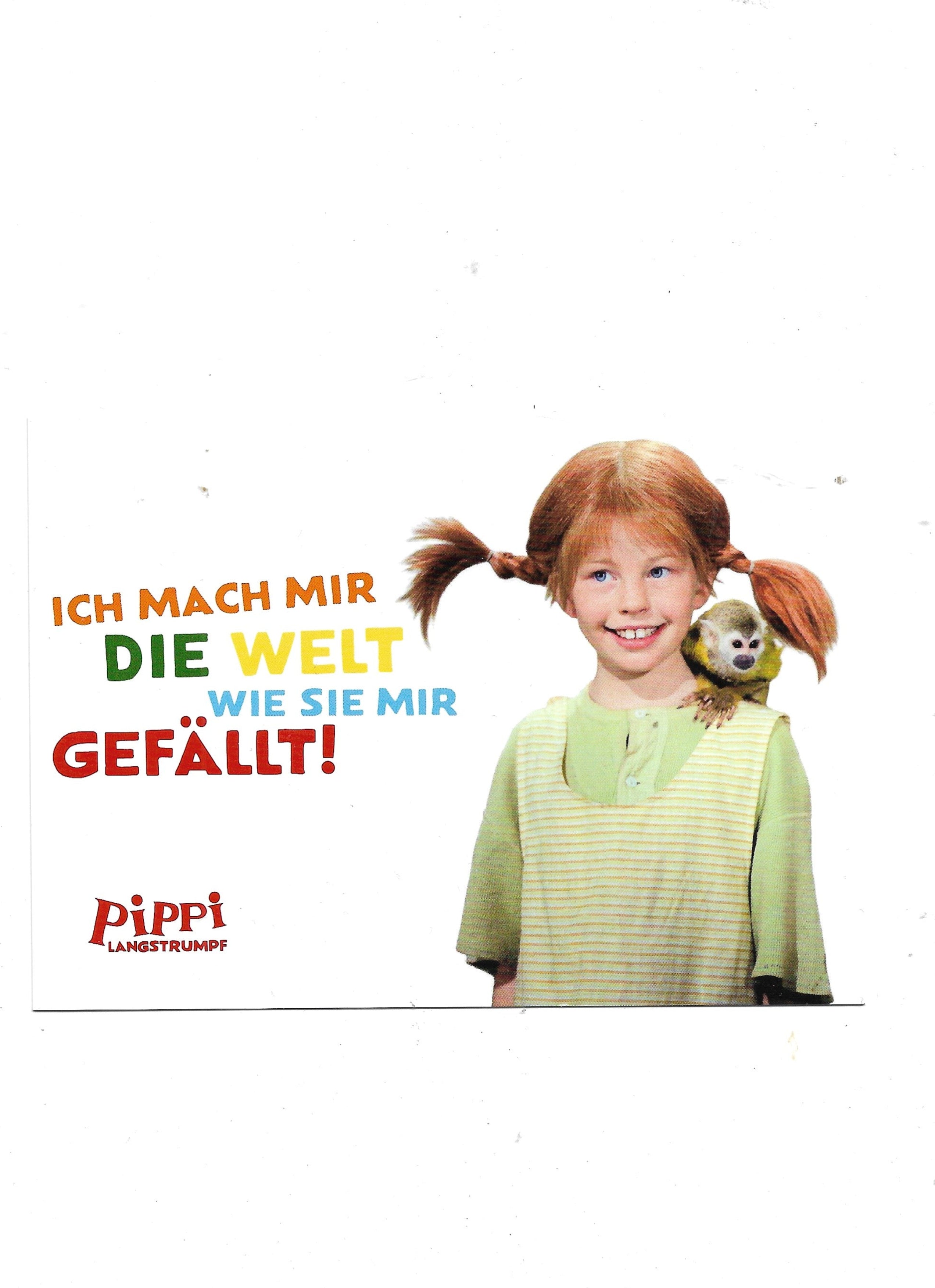 „Postkarte A6 ‚Pippi Langstrumpf – Ich mach mir die Welt wie sie mir gefällt‘; stabiles Papier, satte Farben, gute Druckqualität, Format 10,5 × 14,8 cm, neu, EAN 4030576501249, Hersteller Anderskartig – Modern Times GmbH“