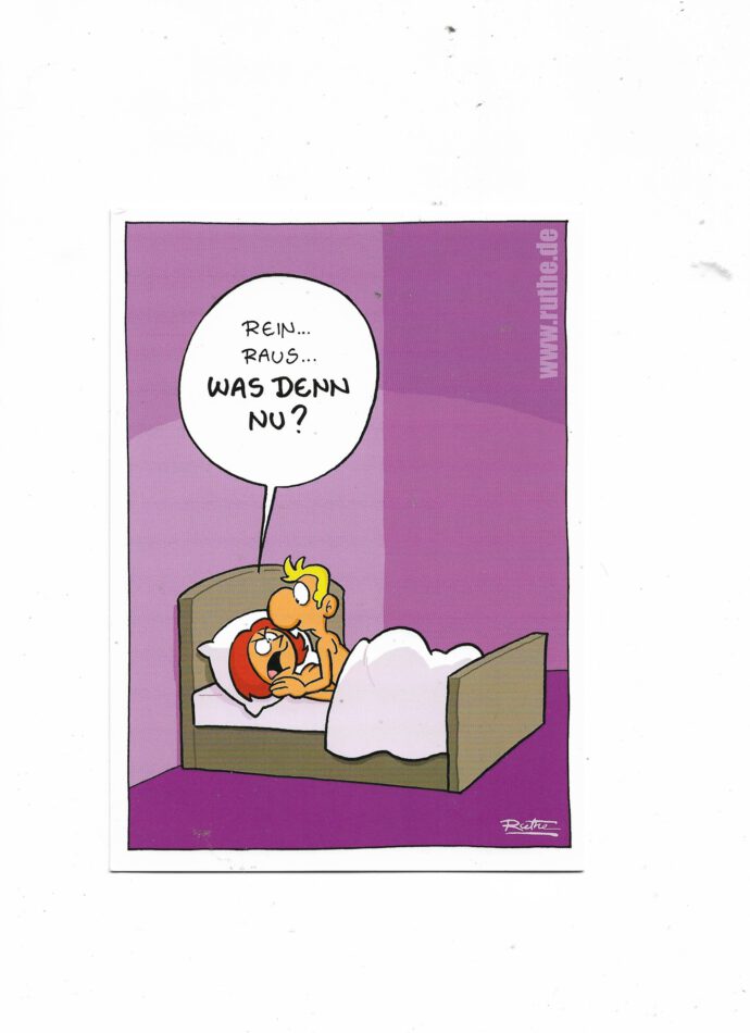 „Postkarte A6 ‚Was denn nu?‘; stabiles Papier, satte Farben, gute Druckqualität, Format 10,5 × 14,8 cm, humorvolles Motiv.“