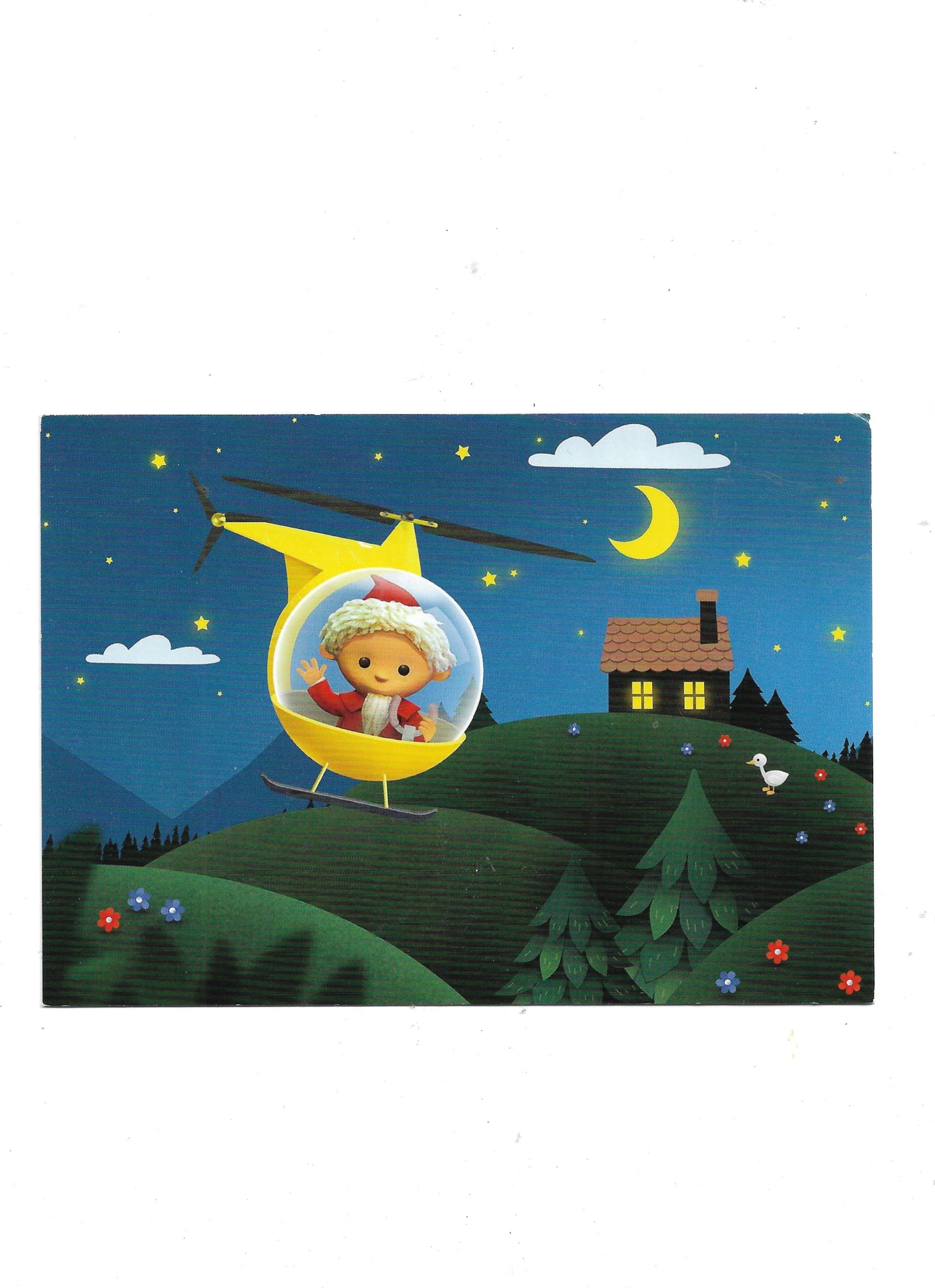 „Postkarte A6 ‚Sandmännchen – Anflug mit dem Helikopter‘; stabiles Papier, satte Farben, gute Druckqualität, Format 10,5 × 14,8 cm, neu, EAN 4030576502963, Hersteller Anderskartig – Modern Times GmbH“