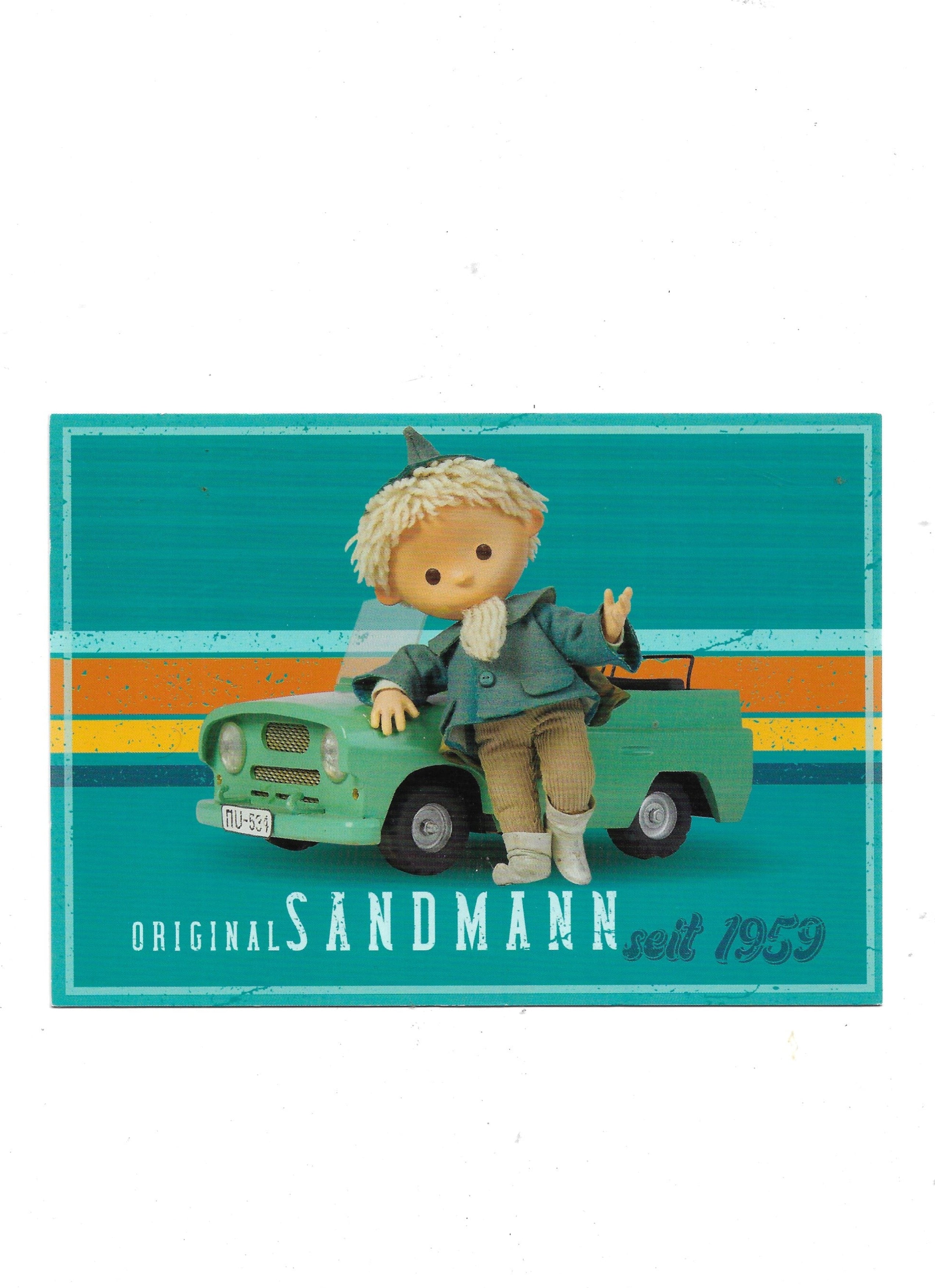 „Postkarte A6 ‚Sandmännchen – Original Sandmann seit 1959‘; stabiles Papier, satte Farben, gute Druckqualität, Format 10,5 × 14,8 cm, neu, EAN 4030576502840, Hersteller Anderskartig – Modern Times GmbH“  