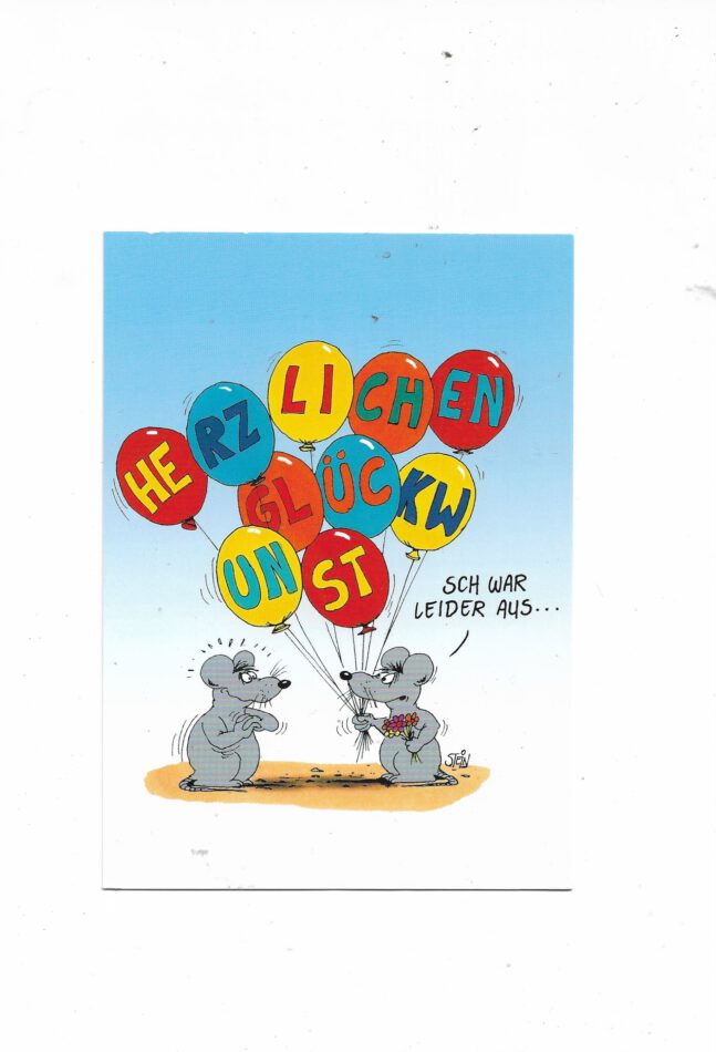 „Postkarte A6 ‚SCH war leider aus‘; stabiles Papier, satte Farben, gute Druckqualität, Format 10,5 × 14,8 cm, neu, EAN 4027942603010, Hersteller Gerd Koch Konzept und Handels GmbH.“