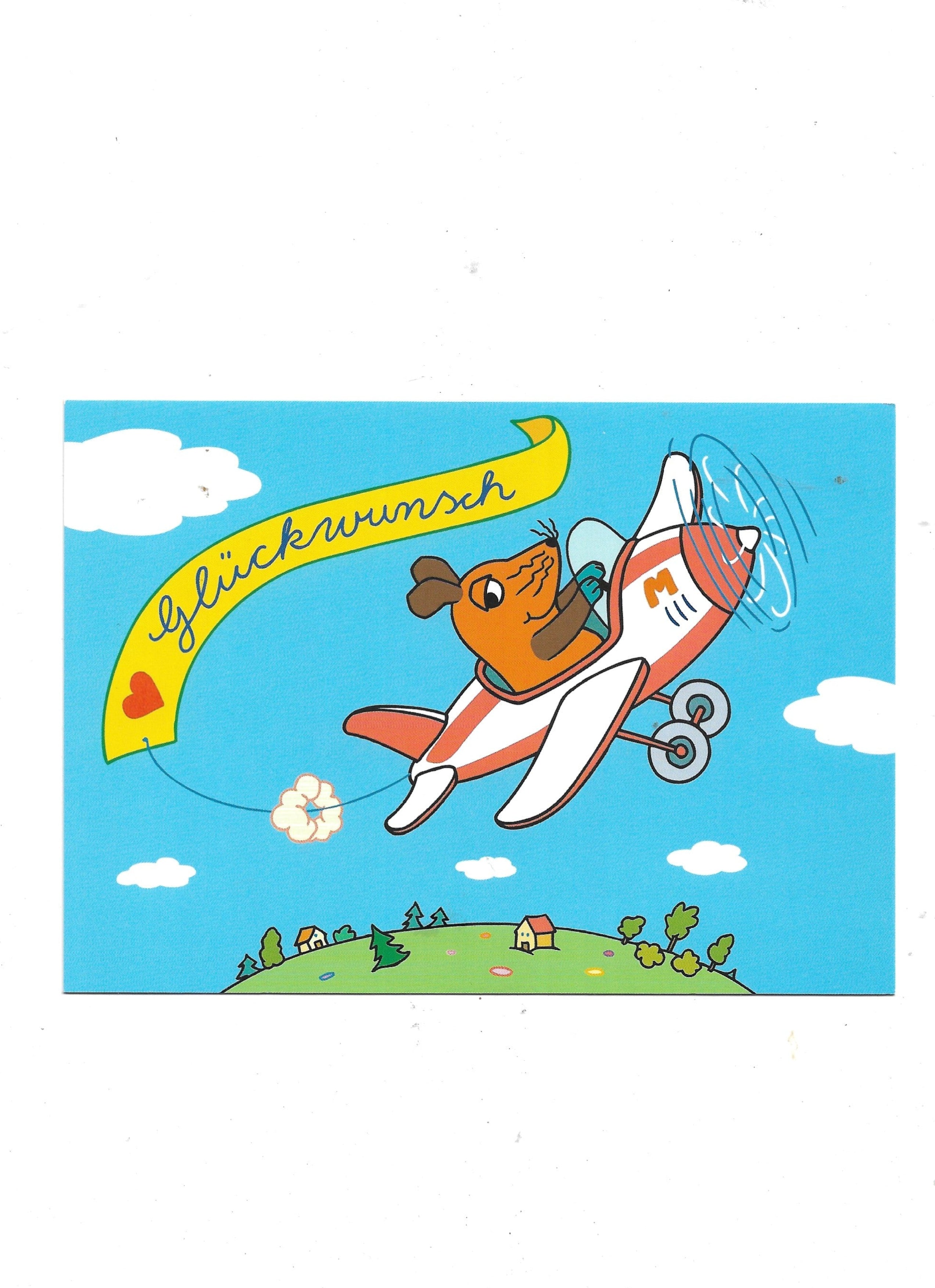 „Postkarte A6 mit Motiv ‚Die Maus – Glückwunsch Flugzeug‘; farbig gedruckt auf stabilem Papier, hochwertige Qualität“