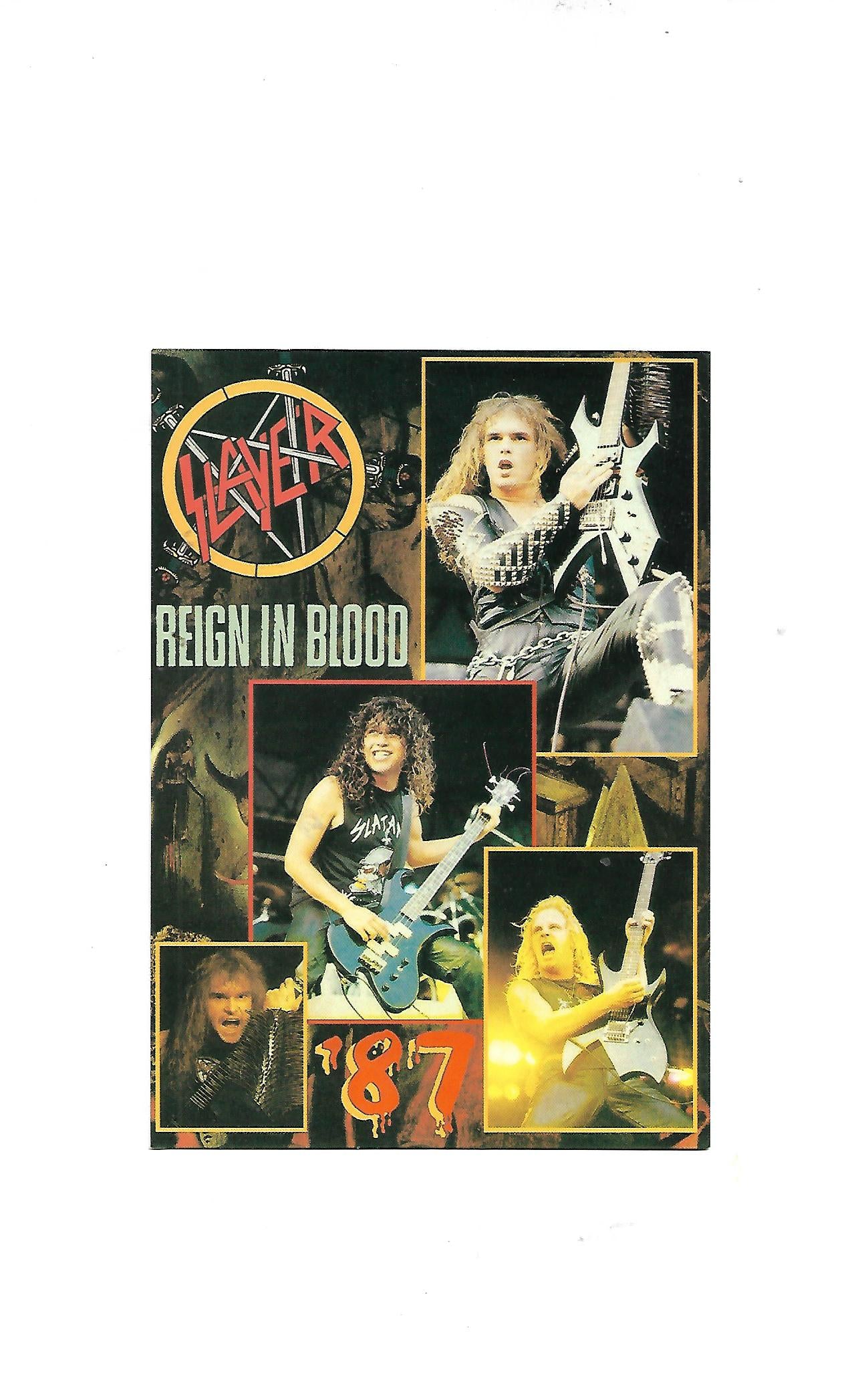 „Postkarte A6 ‚Slayer – Reign in Blood 87‘; stabiles Papier, satte Farben, gute Druckqualität, Format 10,5 × 14,8 cm, Rückseite ohne EAN, Hersteller unbekannt.“