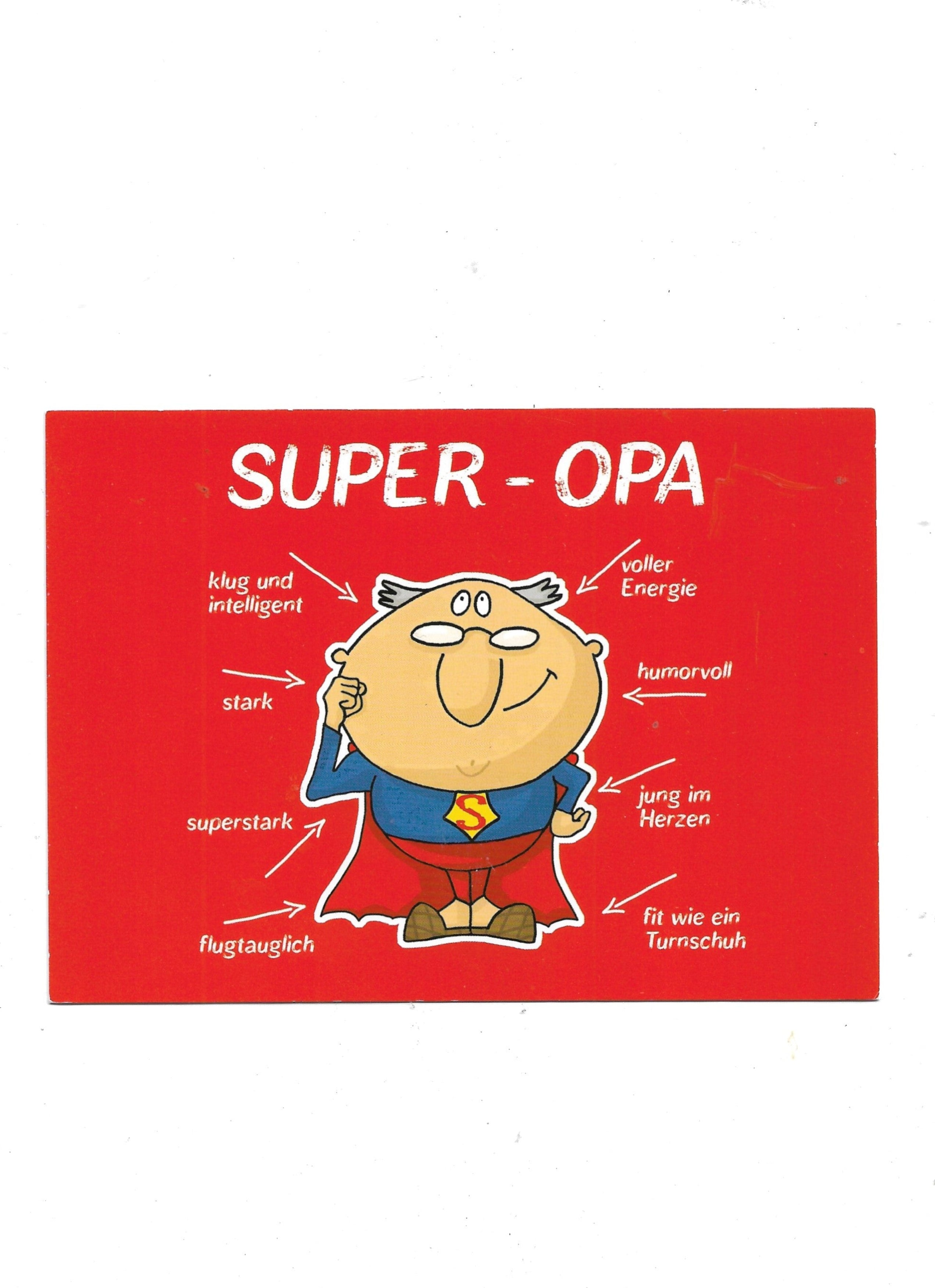 „Postkarte A6 ‚Super‑Opa‘; stabiles Papier, satte Farben, gute Druckqualität, Format 10,5 × 14,8 cm, 8 g, EAN 4017272046052.“