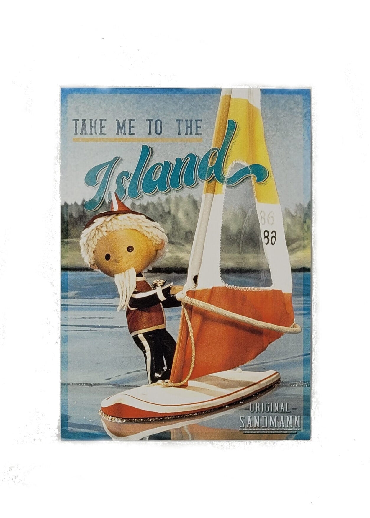 „Postkarte A6 ‚Sandmännchen – Take me to the Island‘; stabiles Papier, satte Farben, gute Druckqualität, Format 10,5 × 14,8 cm, neu, EAN 4030576502871, Hersteller Anderskartig – Modern Times GmbH.“