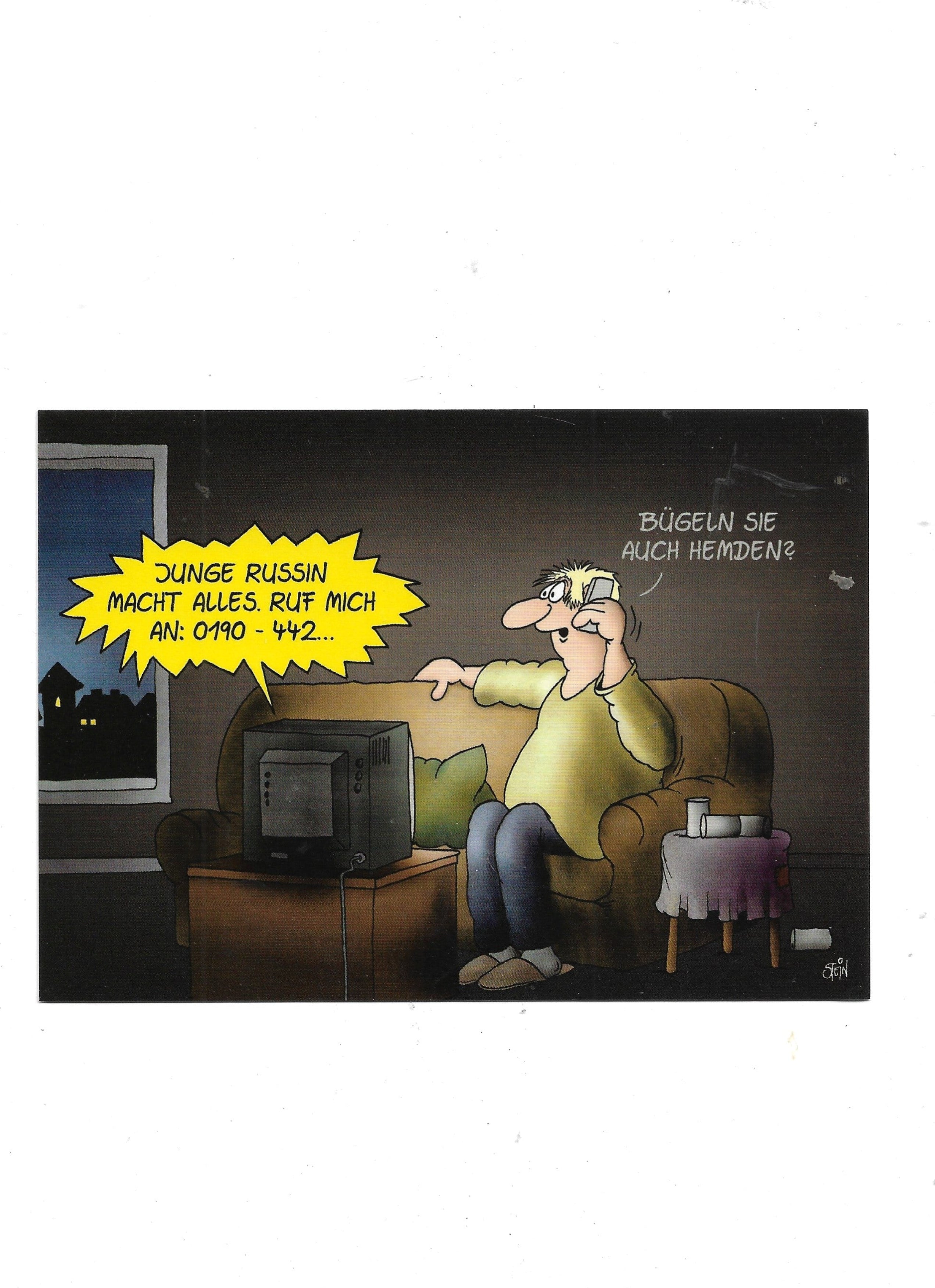 „Postkarte A6 ‚Uli Stein – Bügeln Sie auch Hemden?‘; stabiles Papier, satte Farben, gute Druckqualität, Format 10,5 × 14,8 cm, 8 g, EAN 4027942608510.“