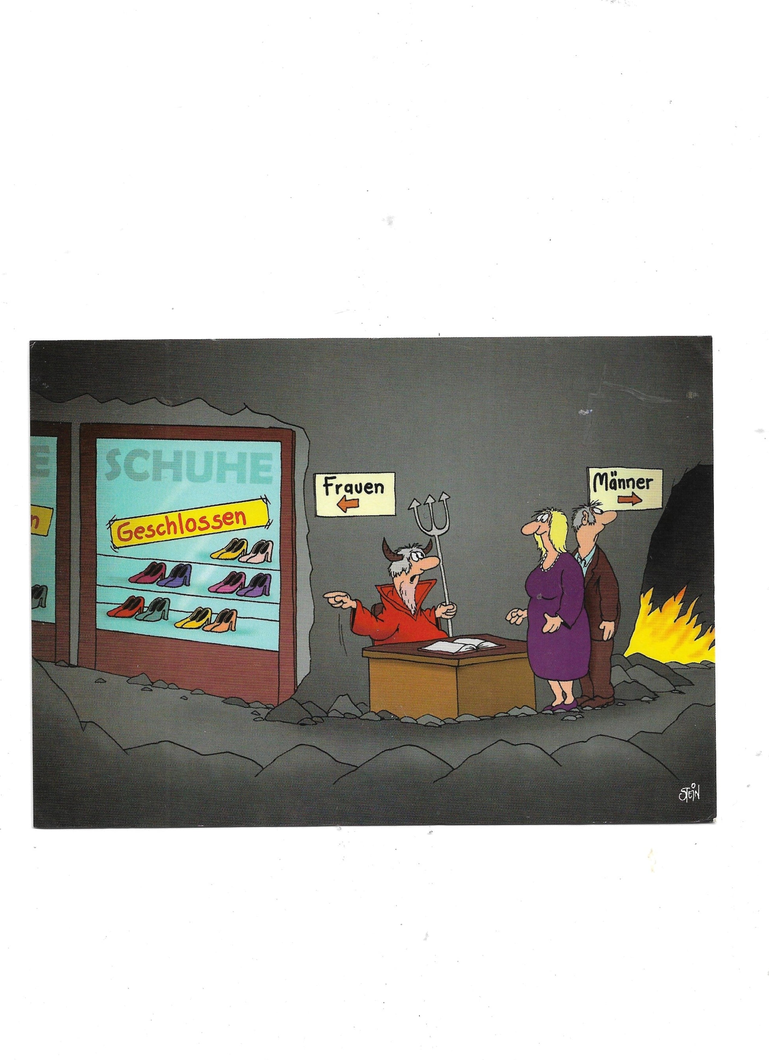 „Postkarte A6 ‚Hölle Männer Frauen‘; stabiles Papier, satte Farben, gute Druckqualität, Format 10,5 × 14,8 cm, 8 g, EAN 4027942608541“  leichte gebrauchsspuren