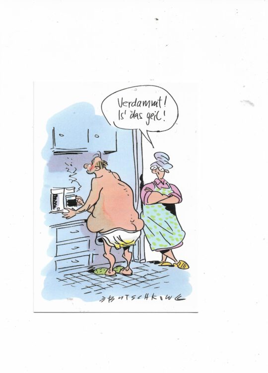 „Postkarte A6 ‚Verdammt! Is’ das geil!‘; stabiles Papier, satte Farben, gute Druckqualität, Format 10,5 × 14,8 cm, 8 g, EAN 4033684013031, Hersteller Anderskartig – Modern Times GmbH.“
