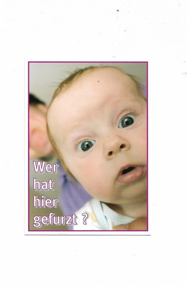 „Postkarte A6 ‚Wer hat hier gefurzt?‘; stabiles Papier, satte Farben, gute Druckqualität, Format 10,5 × 14,8 cm, humorvolle Spruchkarte.“ 