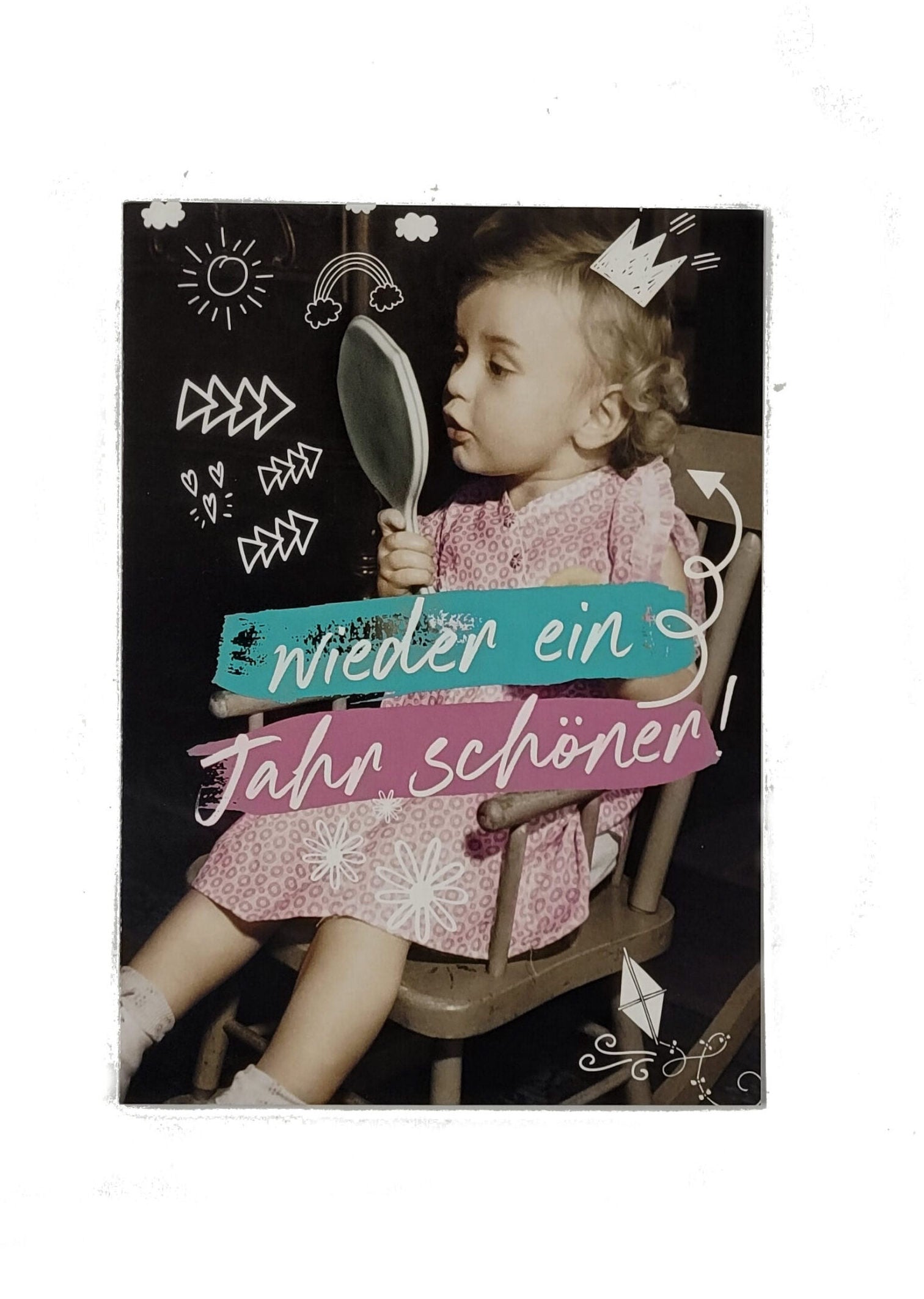 „Postkarte A6 ‚Wieder ein Jahr schöner‘; stabiles Papier, satte Farben, gute Druckqualität, Format 10,5 × 14,8 cm, EAN 4260529941109, Hersteller Anderskartig – Modern Times GmbH.“ 