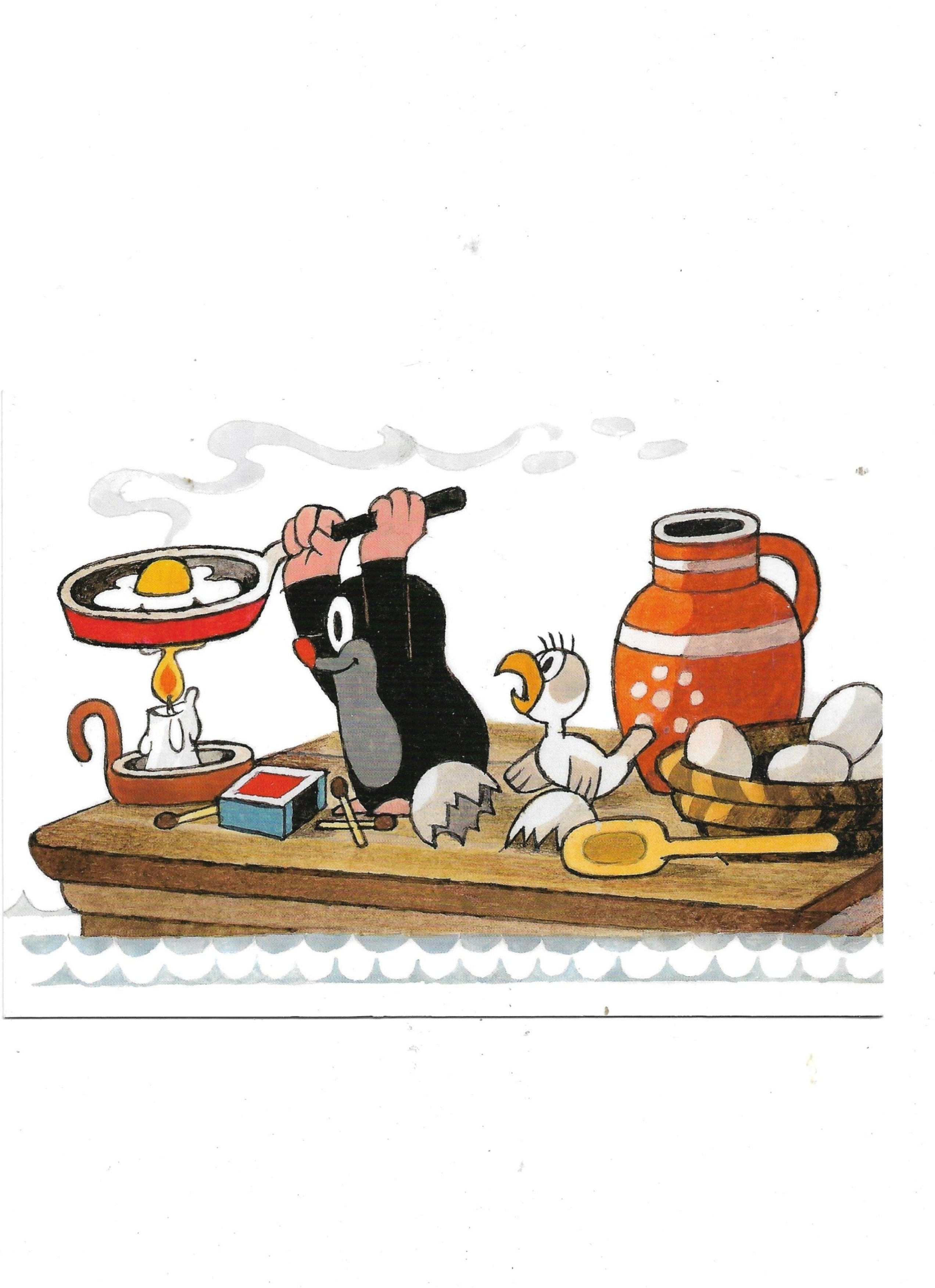 „Postkarte A6 mit dem kleinen Maulwurf, der in einer Pfanne ein Spiegelei brät; farbenfrohe Cartoon‑Illustration“