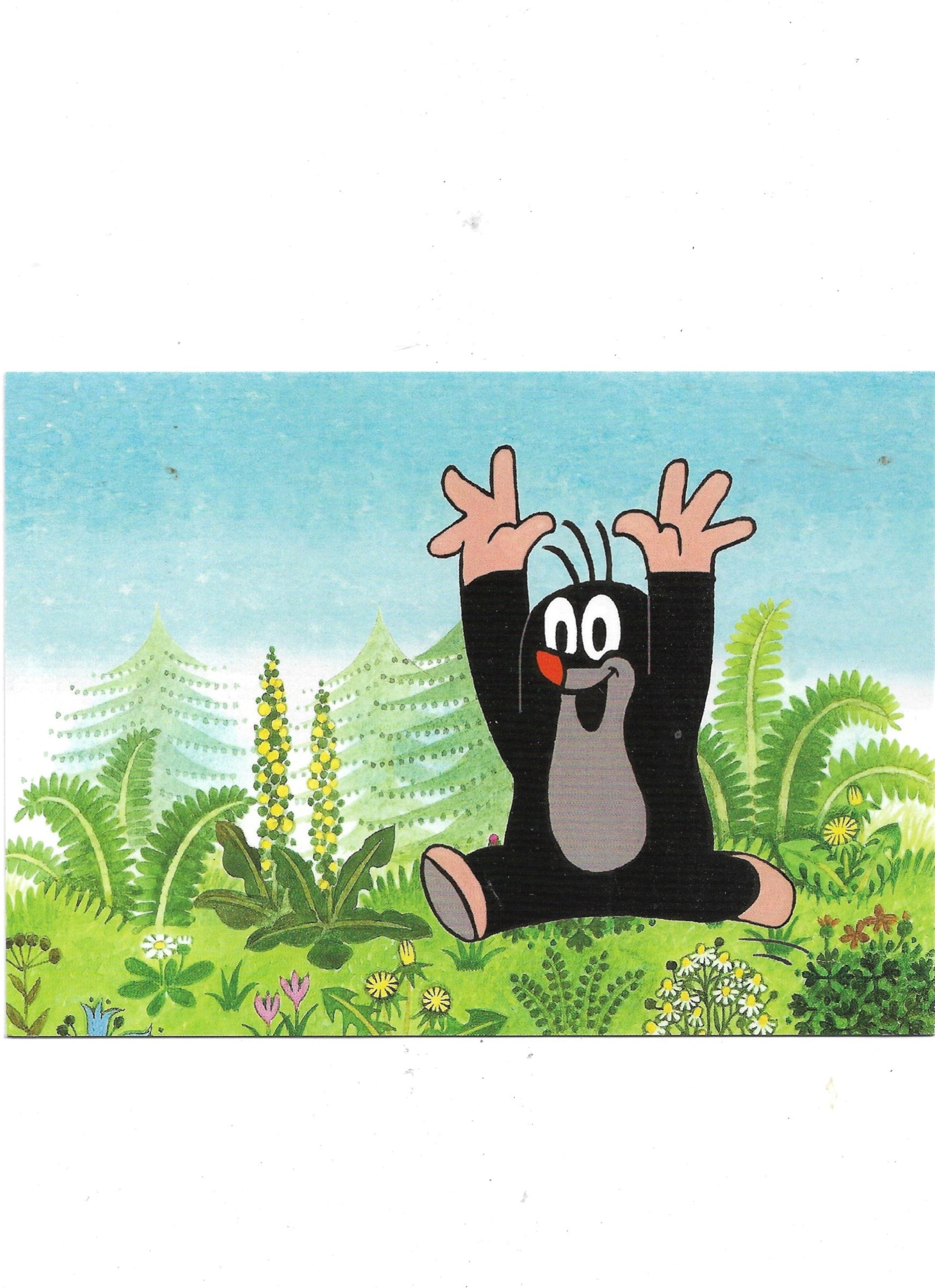 „Postkarte A6 mit dem kleinen Maulwurf, der fröhlich lächelt; farbenfrohe Cartoon‑Illustration auf stabilem Papier“