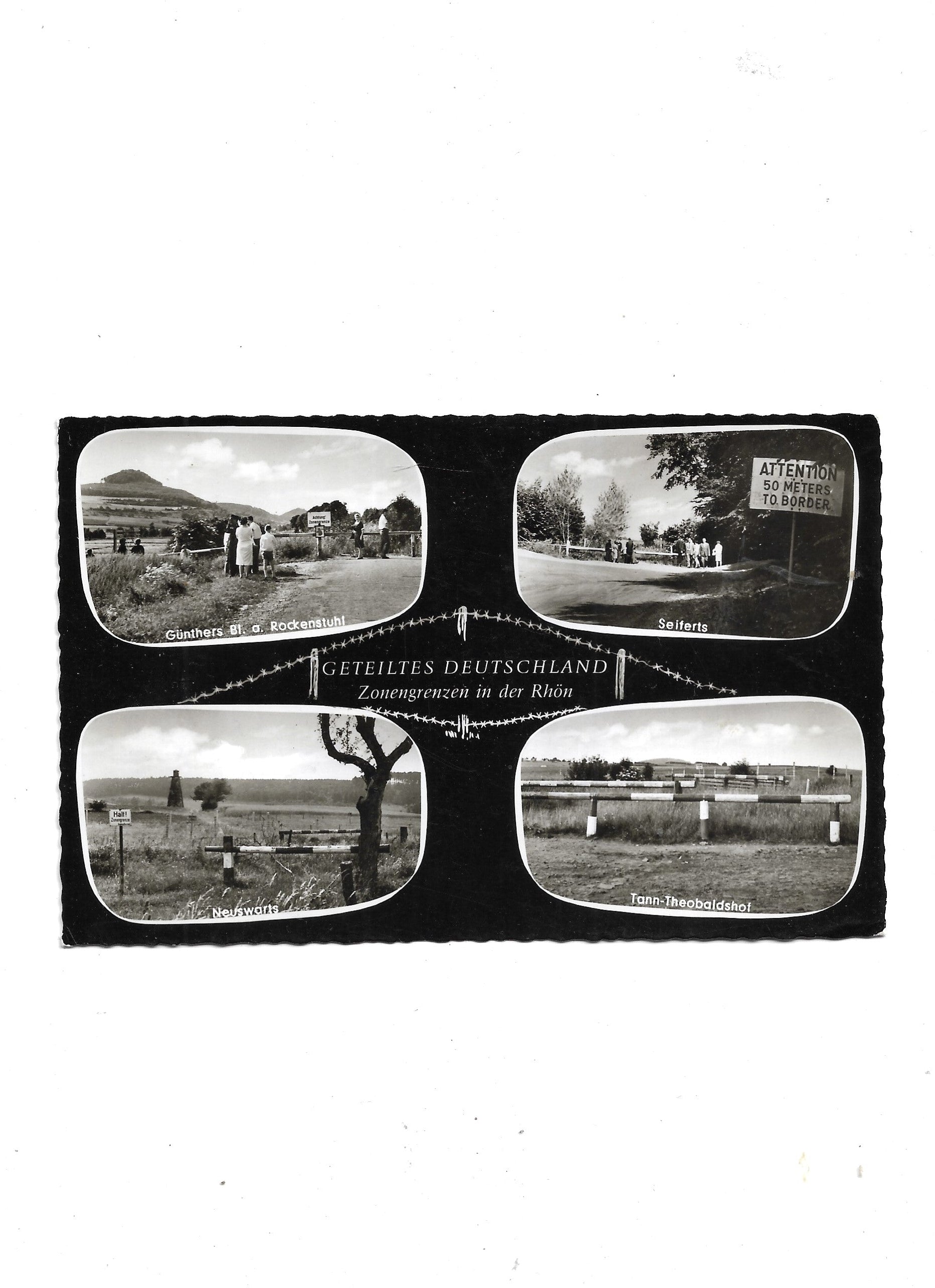 „Ungelaufene Foto‑Ansichtskarte ‚Geteiltes Deutschland – Zonengrenzen in der Rhön‘; Paulus Verlag; ca. 14 × 8,5 cm; altersbedingte Gebrauchsspuren.“