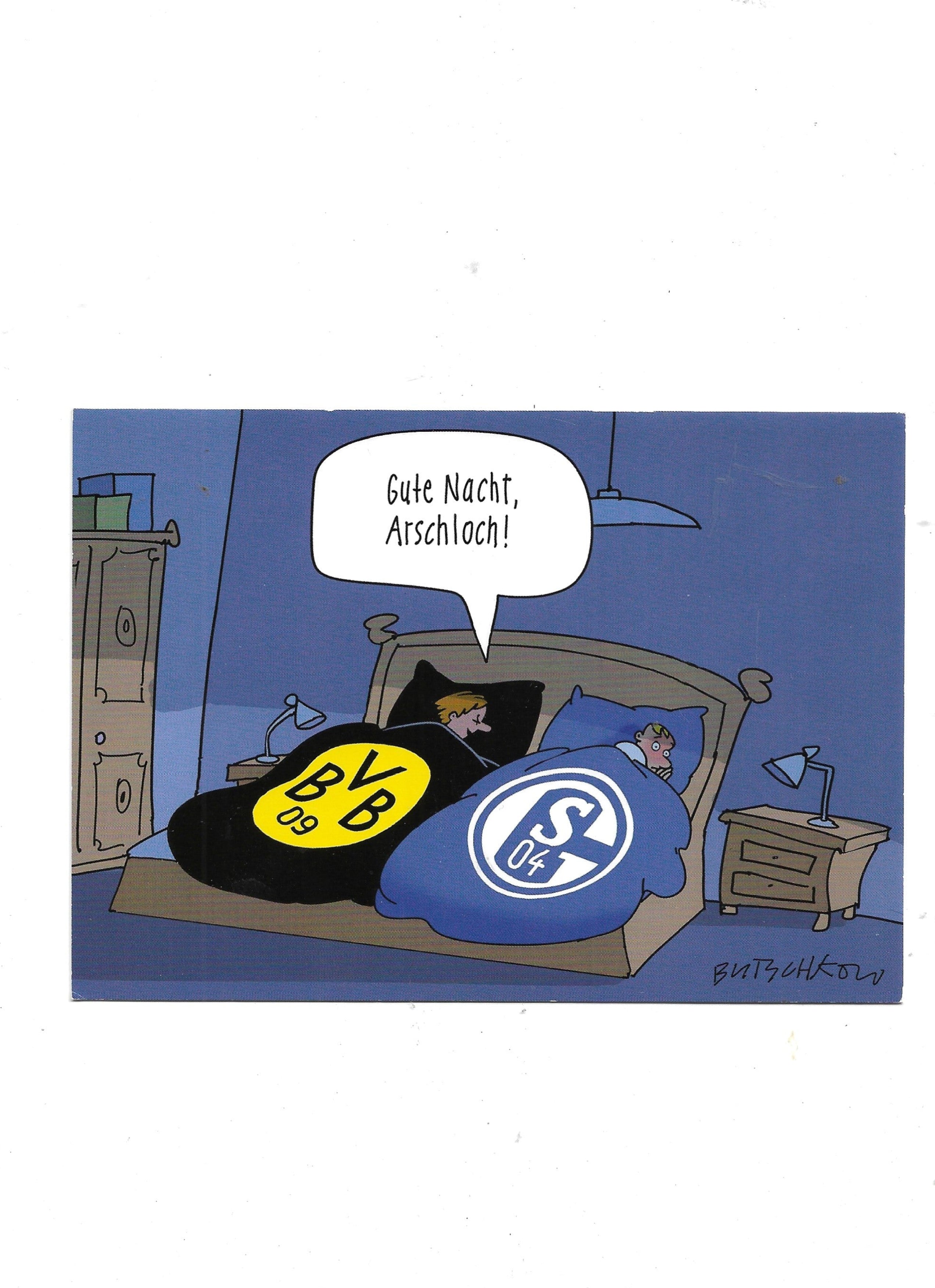 „Postkarte A6 ‚Gute Nacht Arschloch‘; stabiles Papier, satte Farben, gute Druckqualität, Format 10,5 × 14,8 cm, 8 g, EAN 4033684018449“