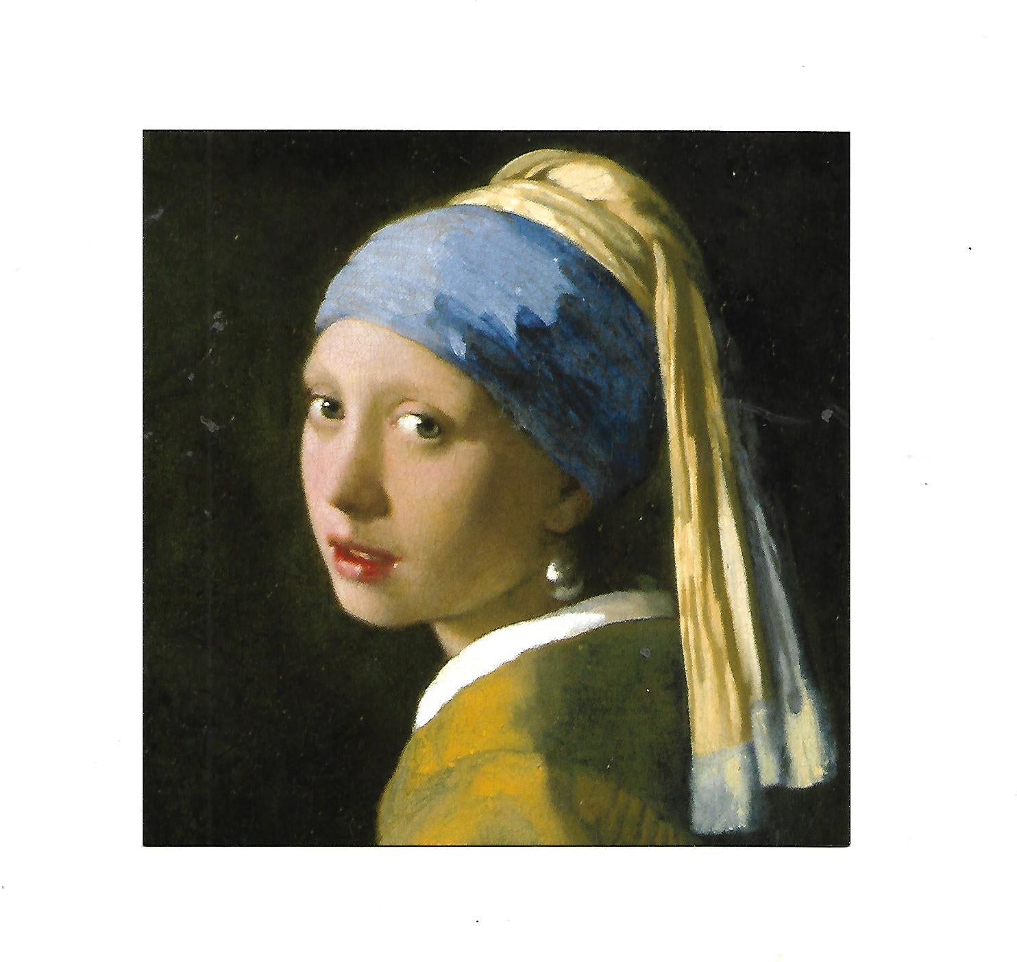 „Postkarte Jan Vermeer – Das Mädchen mit dem Perlenohrring; quadratisches Format 13 × 13 cm; stabiles Papier, satte Farben, gute Druckqualität; neu.“