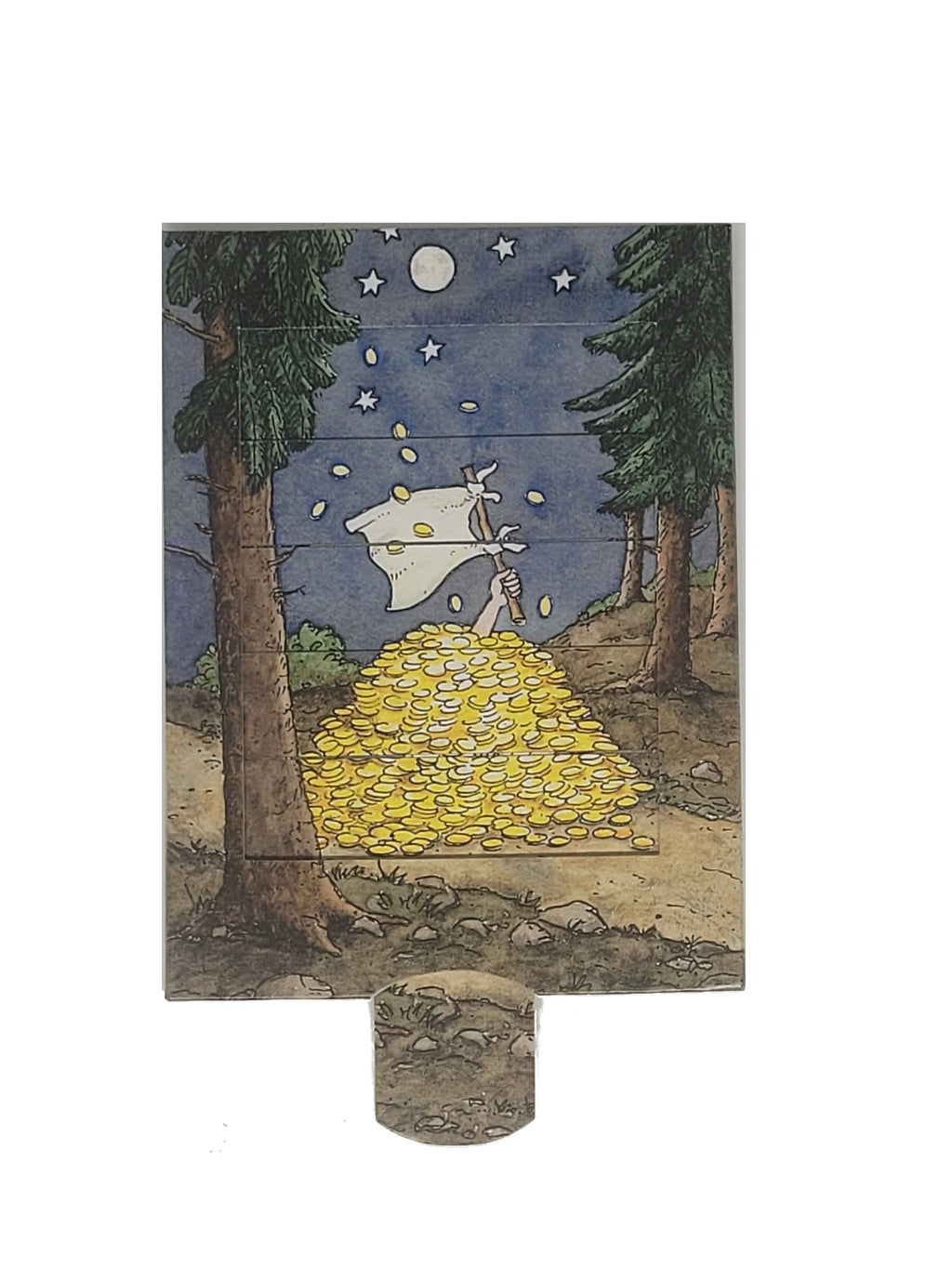 Eine interaktive Verwandlungskarte im Vintage-Stil (Grimms Märchen „Die Sterntaler“): Bild 1 zeigt ein Kind im nächtlichen Wald unter Sternen, das nach oben blickt; durch das Ziehen an der unteren Lasche verändert sich das Motiv (Bild 2) und es erscheint ein riesiger Haufen goldener Taler, die vom Himmel fallen.