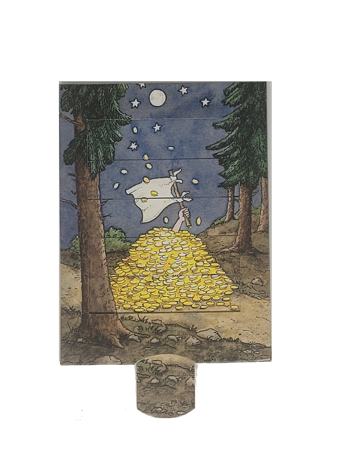 Eine interaktive Verwandlungskarte im Vintage-Stil (Grimms Märchen „Die Sterntaler“): Bild 1 zeigt ein Kind im nächtlichen Wald unter Sternen, das nach oben blickt; durch das Ziehen an der unteren Lasche verändert sich das Motiv (Bild 2) und es erscheint ein riesiger Haufen goldener Taler, die vom Himmel fallen.