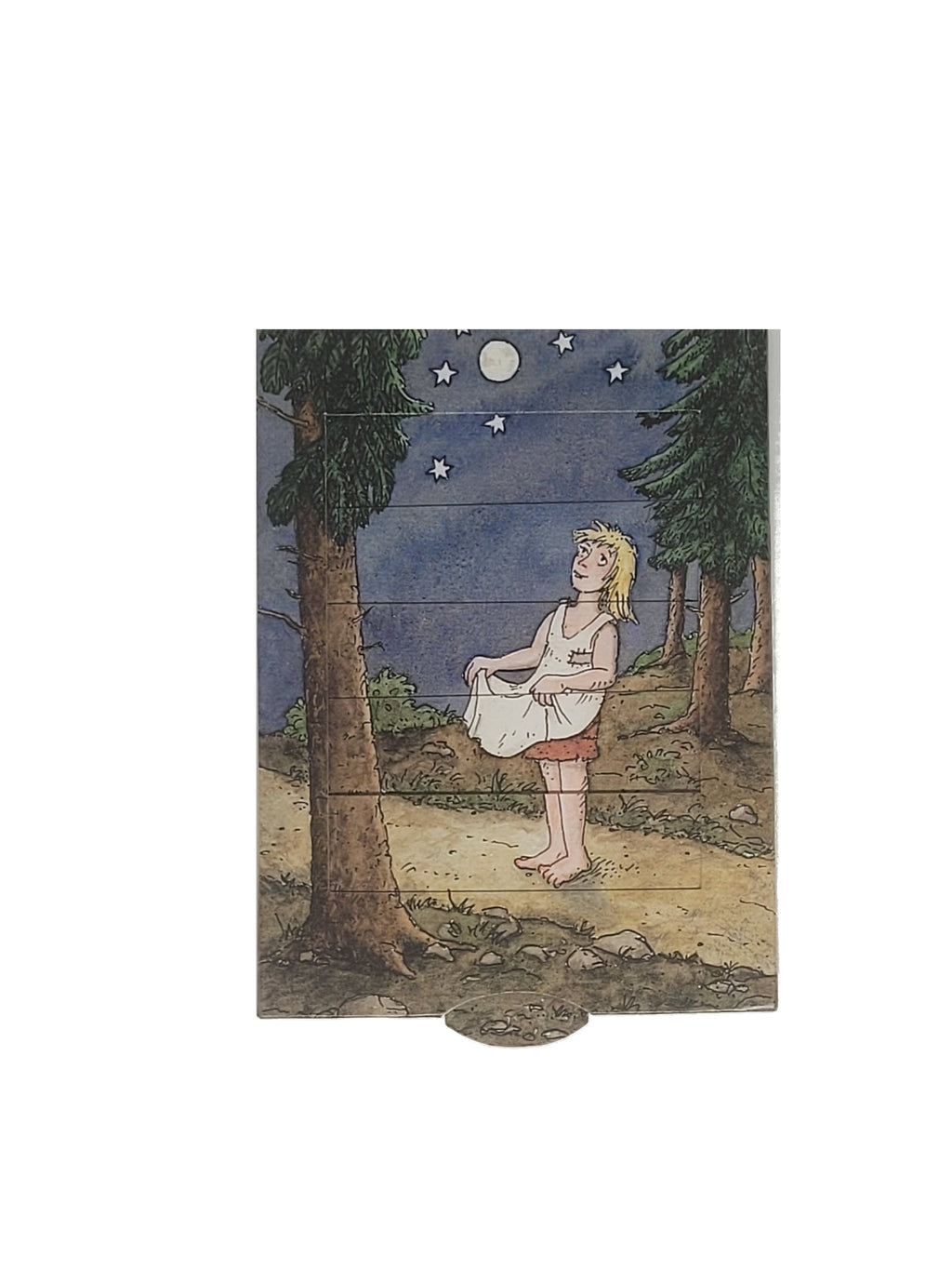 Eine interaktive Verwandlungskarte im Vintage-Stil (Grimms Märchen „Die Sterntaler“): Bild 1 zeigt ein Kind im nächtlichen Wald unter Sternen, das nach oben blickt; durch das Ziehen an der unteren Lasche verändert sich das Motiv (Bild 2) und es erscheint ein riesiger Haufen goldener Taler, die vom Himmel fallen.