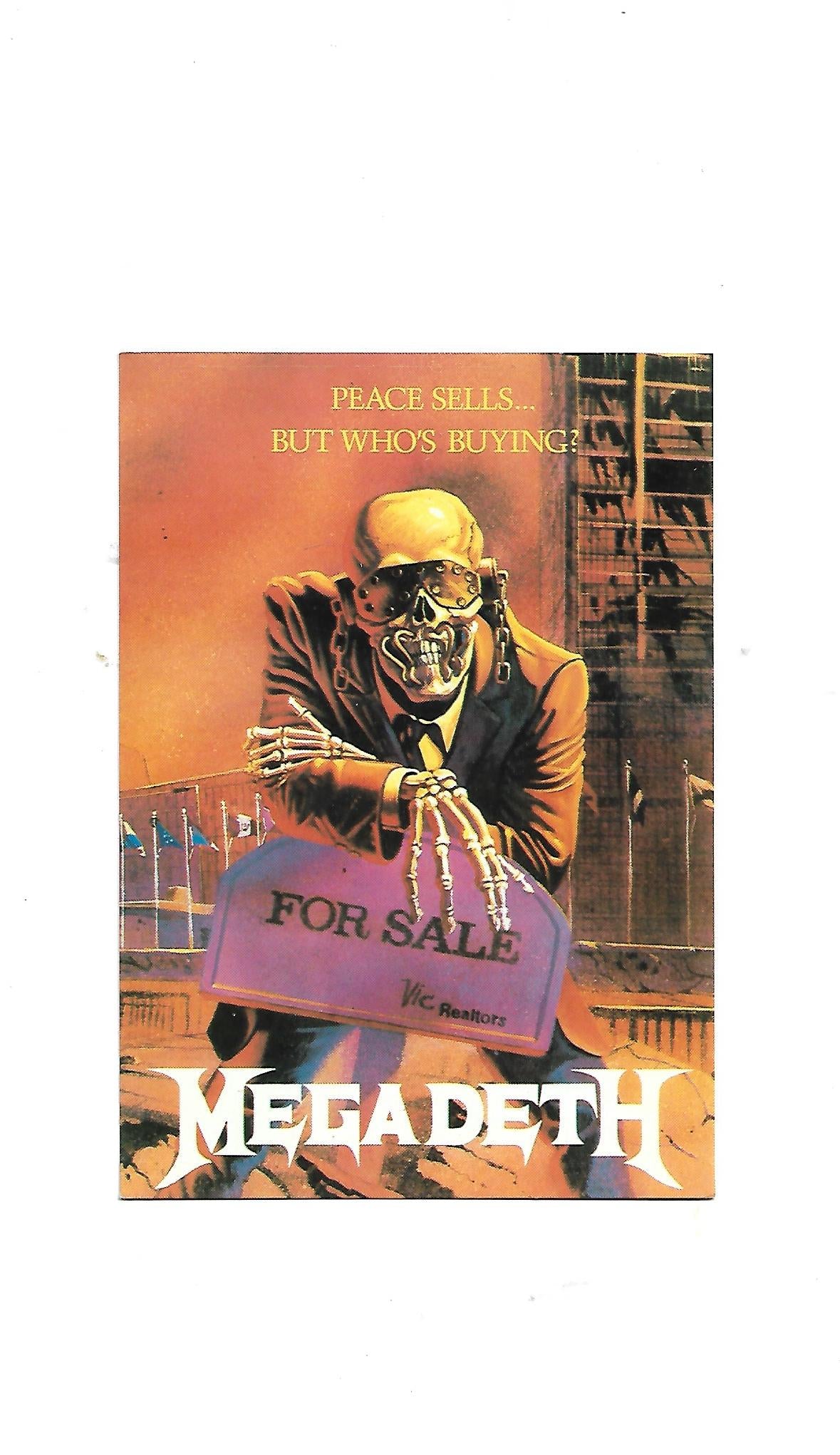 „Postkarte A6 ‚Megadeth – For Sale 1991‘; stabiles Papier, satte Farben, gute Druckqualität, Format 10,5 × 14,8 cm, 8 g, Hersteller Winterland Productions / Rock Express“