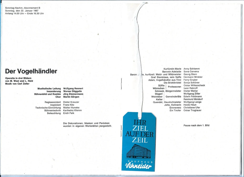 Musik Programmheft Der Vogelhändler Oper Städtische Bühne Frankfurt 1967