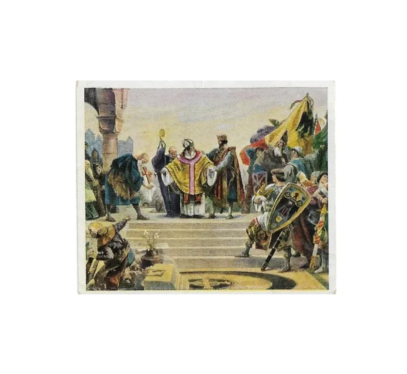 „Sammelbild Eckstein Nr. 5 mit mittelalterlicher Zeremonie, Würdenträgern und knienden Rittern auf Treppe“