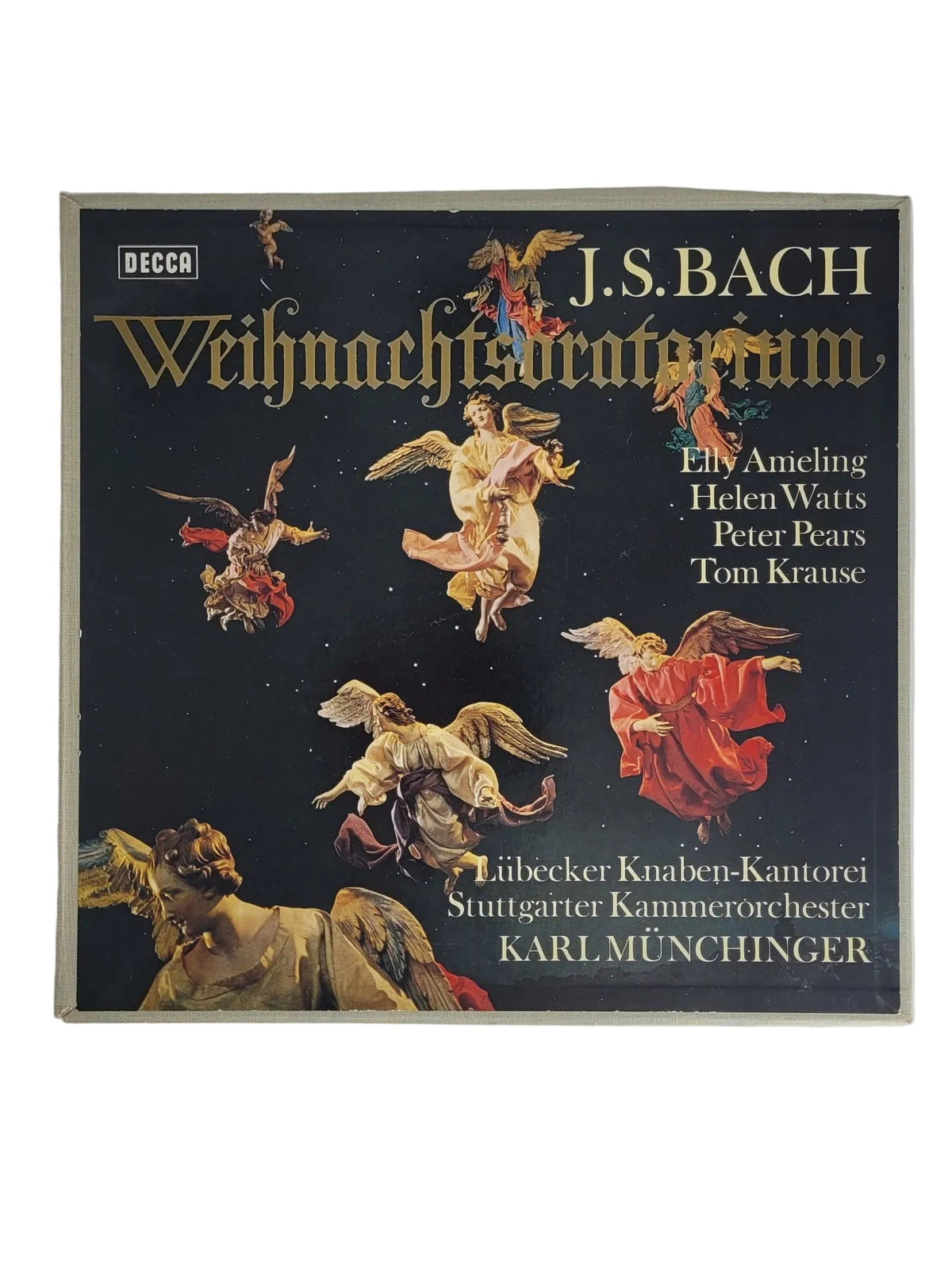 3-LP Vinyl Box J. S. Bach Weihnachts-Oratorium auf Decca Royal Sound Stereo SET 346-48. Schwarze Kassette mit Engelsmotiven und goldener Schrift