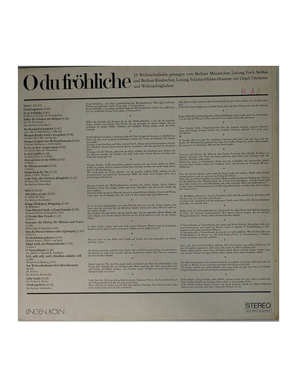 LP Schallplatte Vinyl LP Berliner Mozartchor - O du fröhliche - Lingen Köln