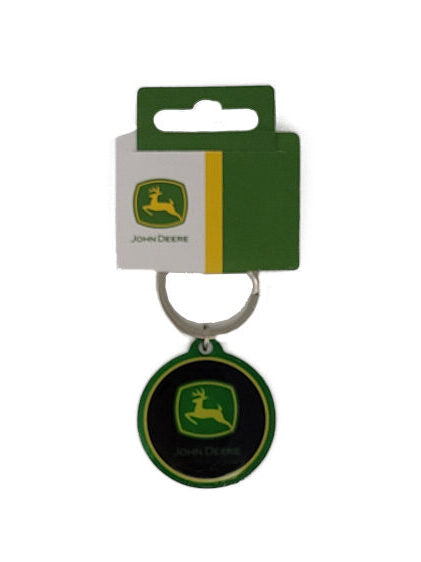 John Deere Logo der springende Hirsch alsSilhouette vor grünem Hintergrund umrandet von einem schwarzen Hintergrund