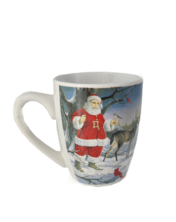 der Weihnachtsmann redet mit den tieren in winterlicher landschaft
