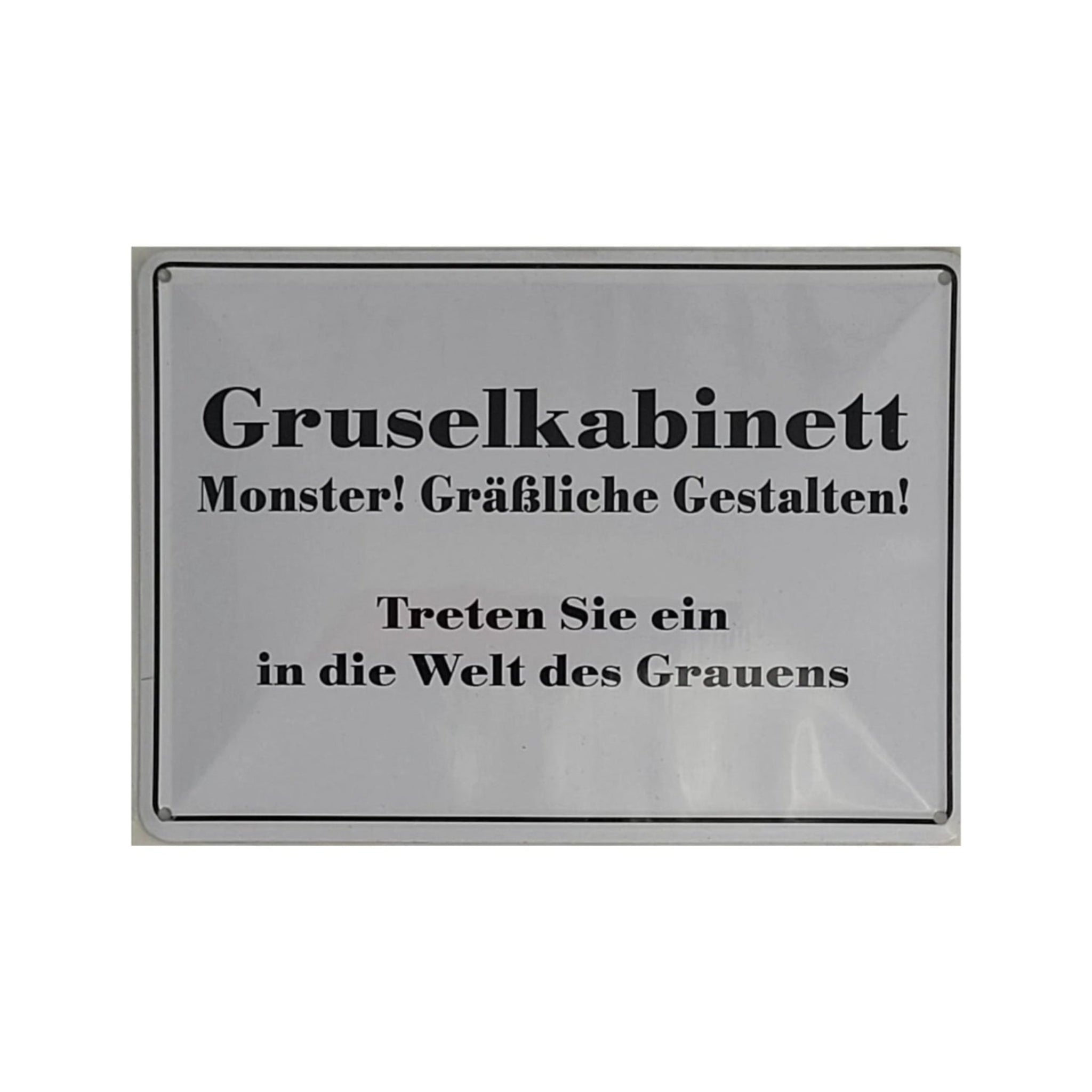 Spruchschild "Gruselkabinett - Monster ! Gräßliche Gestalten ! Treten sie ein in die Welt des Grauens" (10 x 15 cm)
