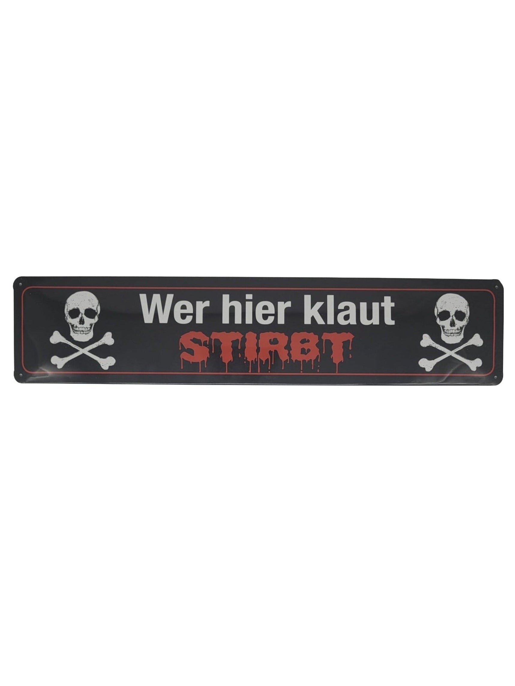 „Vintage‑Blechschild im Stil eines Straßenschilds mit der Aufschrift ‚Wer hier klaut – stirbt!‘, rechteckig, schwarz‑weiß, aus Metall, 46 × 10 cm, Retro‑Dekoration.“