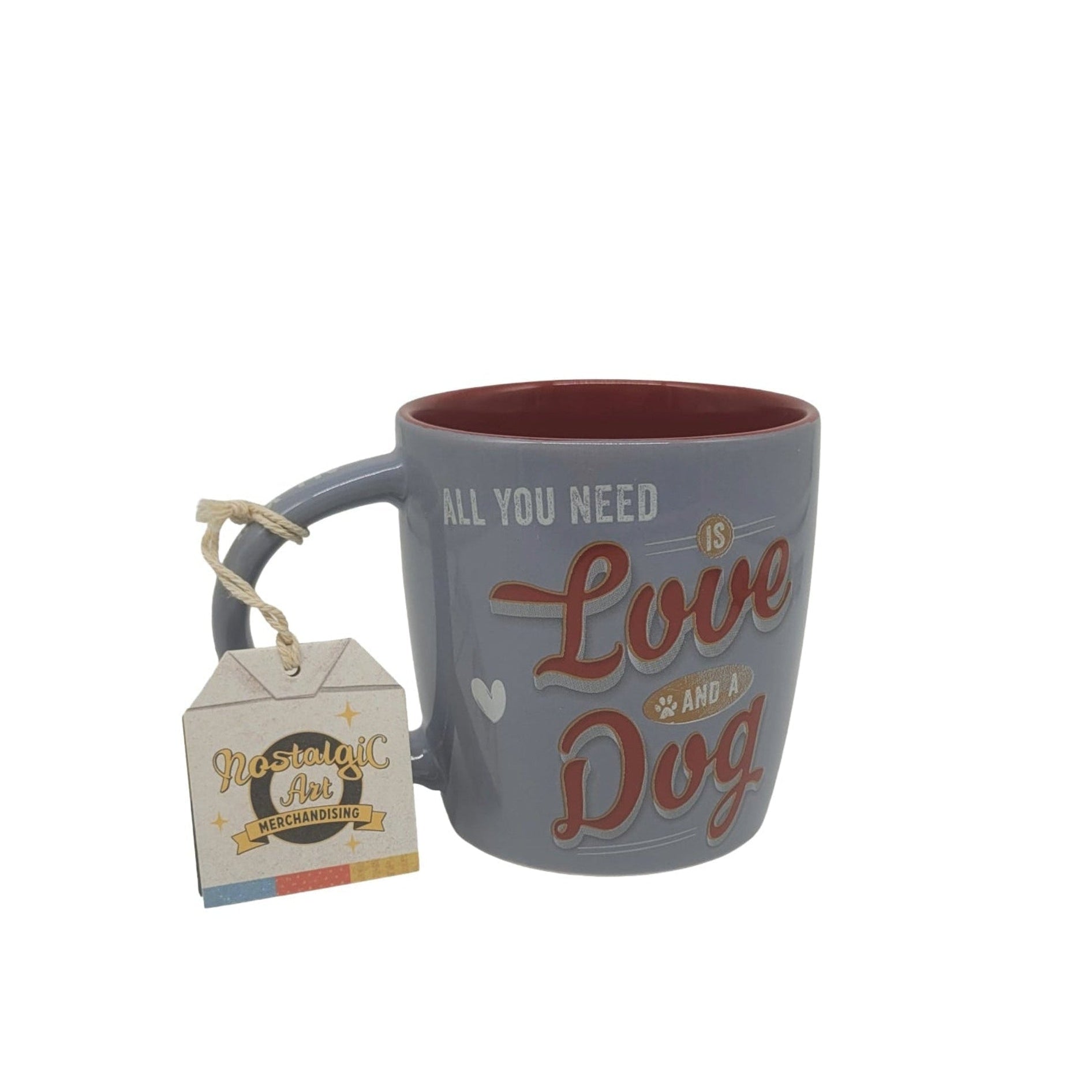 Tasse „All you need is LOVE and a DOG“ – Nostalgic Art, blau-grauer Keramikbecher mit rotem Schriftzug und Pfotenmotiv, Geschenk für Hundeliebhaber
