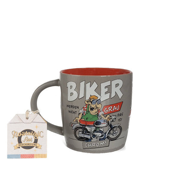 Tasse Biker werden nicht grau!  das ist Chrom(Nostalgic Art) Motiv Comic Art, handliche Tasse in Grau-Tönen , innen rot beschichtet