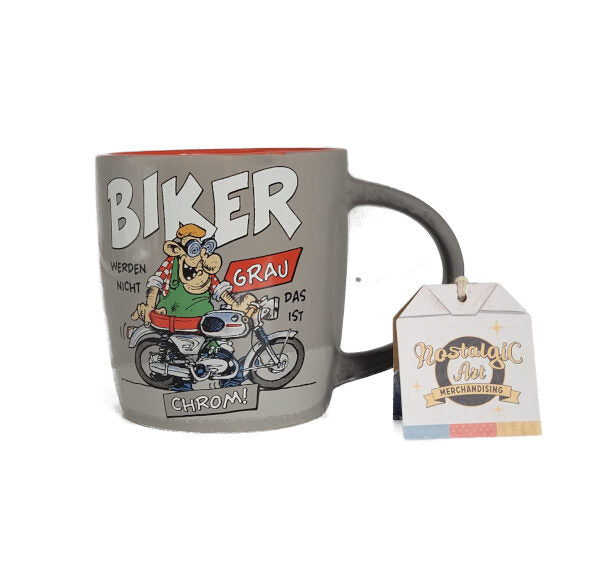 Tasse Biker werden nicht grau!  das ist Chrom(Nostalgic Art) Motiv Comic Art, handliche Tasse in Grau-Tönen , innen rot beschichtet