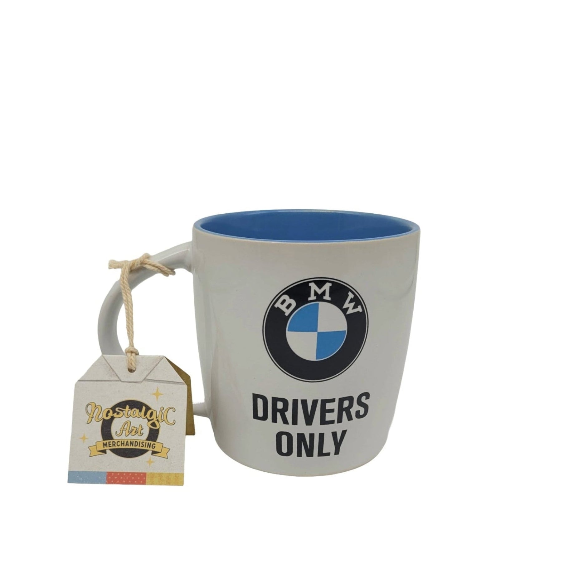 „Keramiktasse BMW Drivers Only – weiße Tasse mit blauem Retro‑BMW‑Motiv, 330 ml“