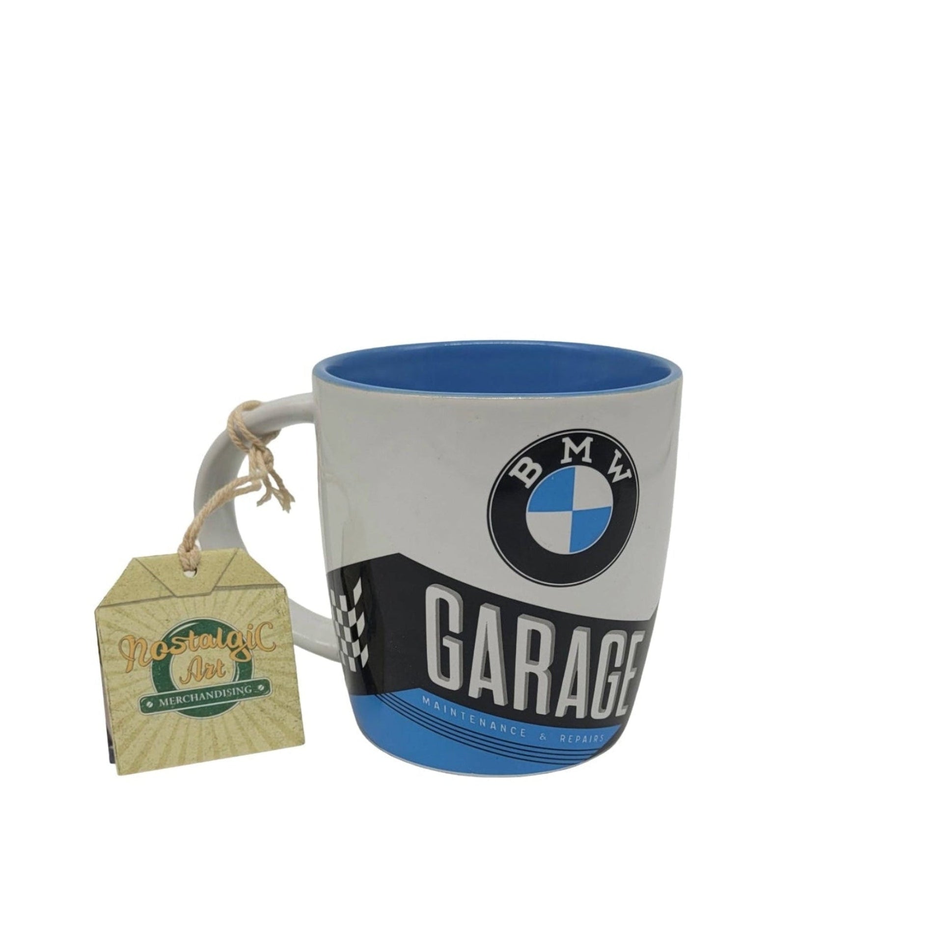 „Keramiktasse BMW Garage – blaue Tasse mit Retro‑BMW‑Garagenmotiv, 330 ml“