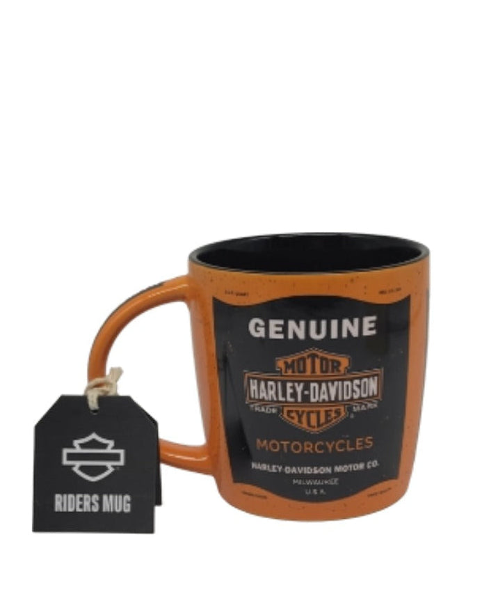 „Keramiktasse ‚Harley‑Davidson – Genuine Logo Motorcycles‘, 330 ml, spülmaschinenfest, rundum bedruckt. Schwarze und orangefarbene Harley‑Davidson‑Motivtasse im Retro‑Design.“
